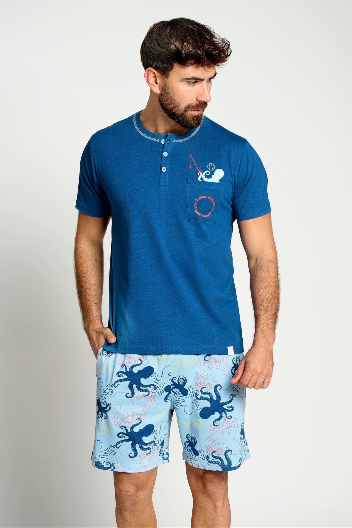 Pijama hombre corto algodón estampado pulpos | MUYDEMI - Ysabel Mora