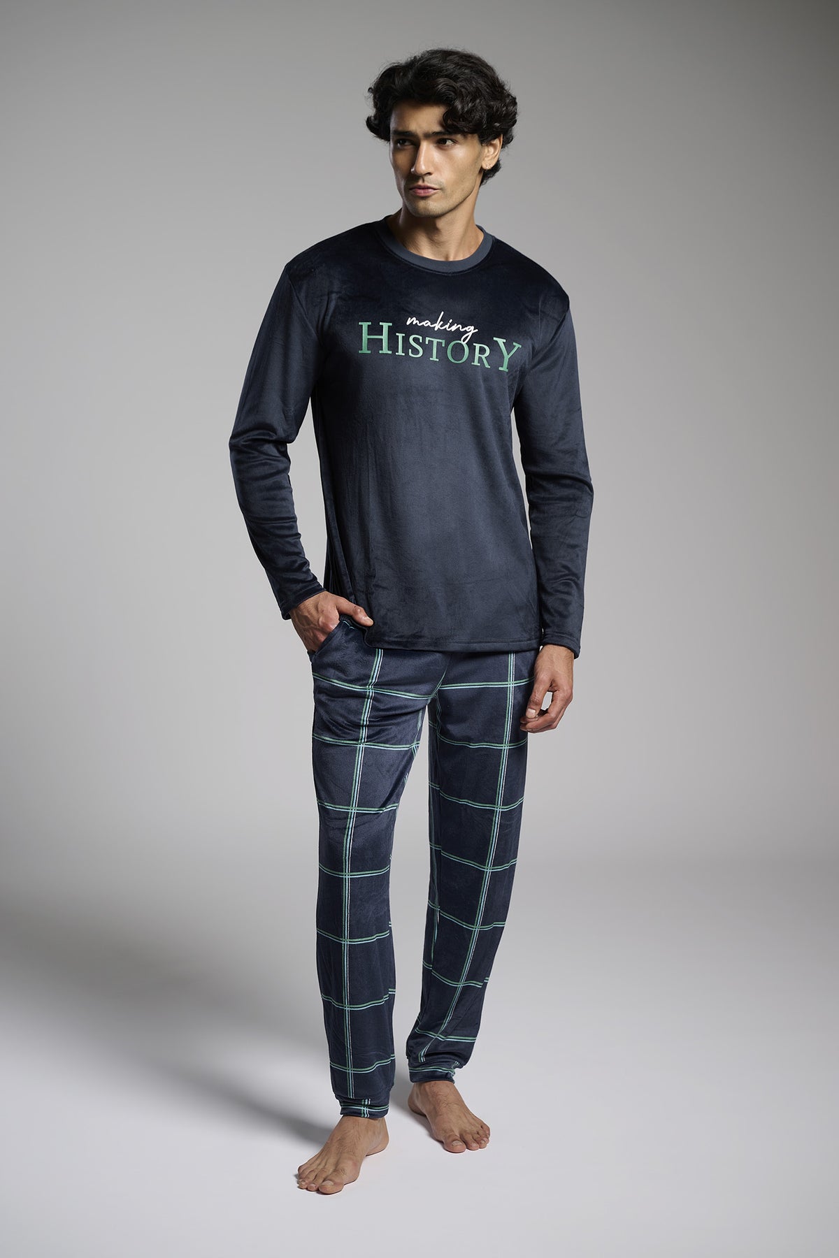 Pyjama long homme velours Making History à carreaux