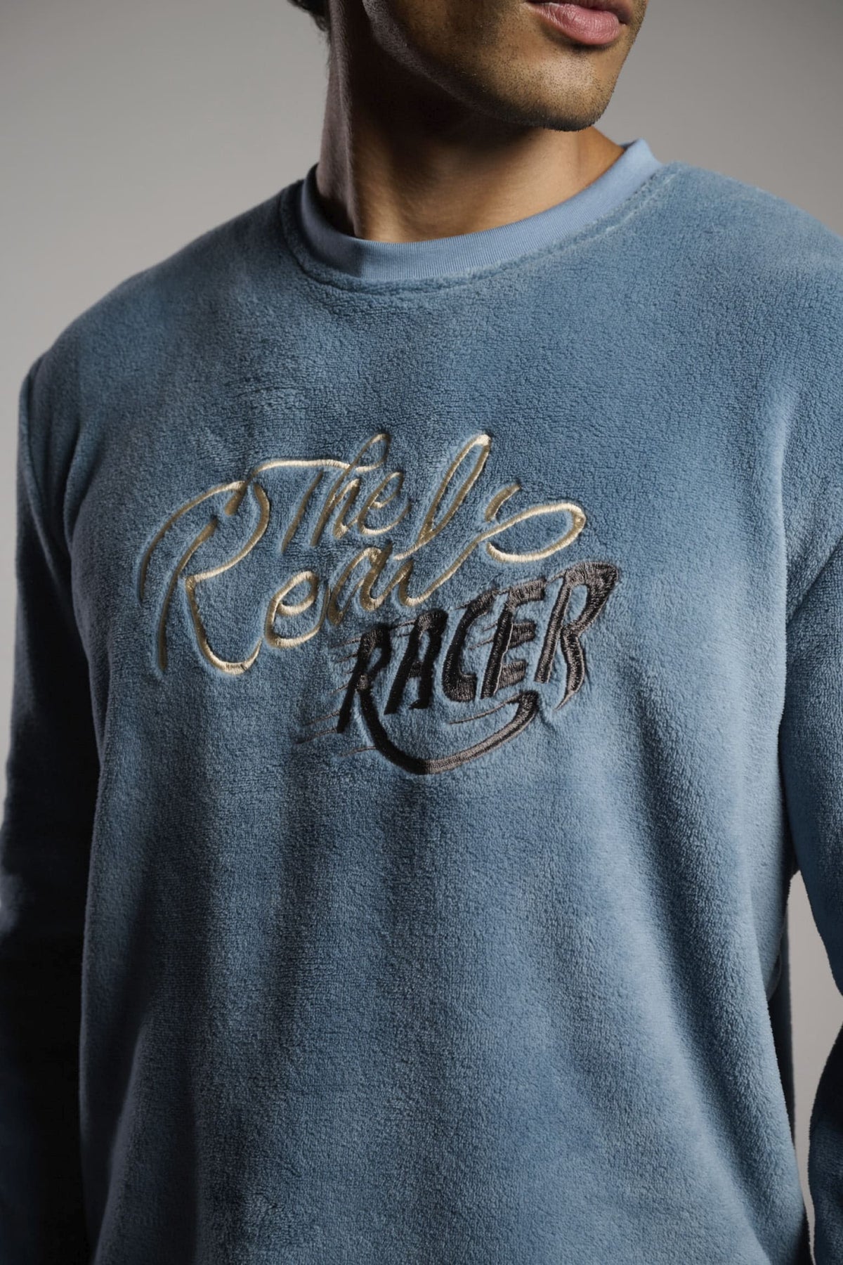 Pyjama long homme polaire corail bleu et gris The Real Racer