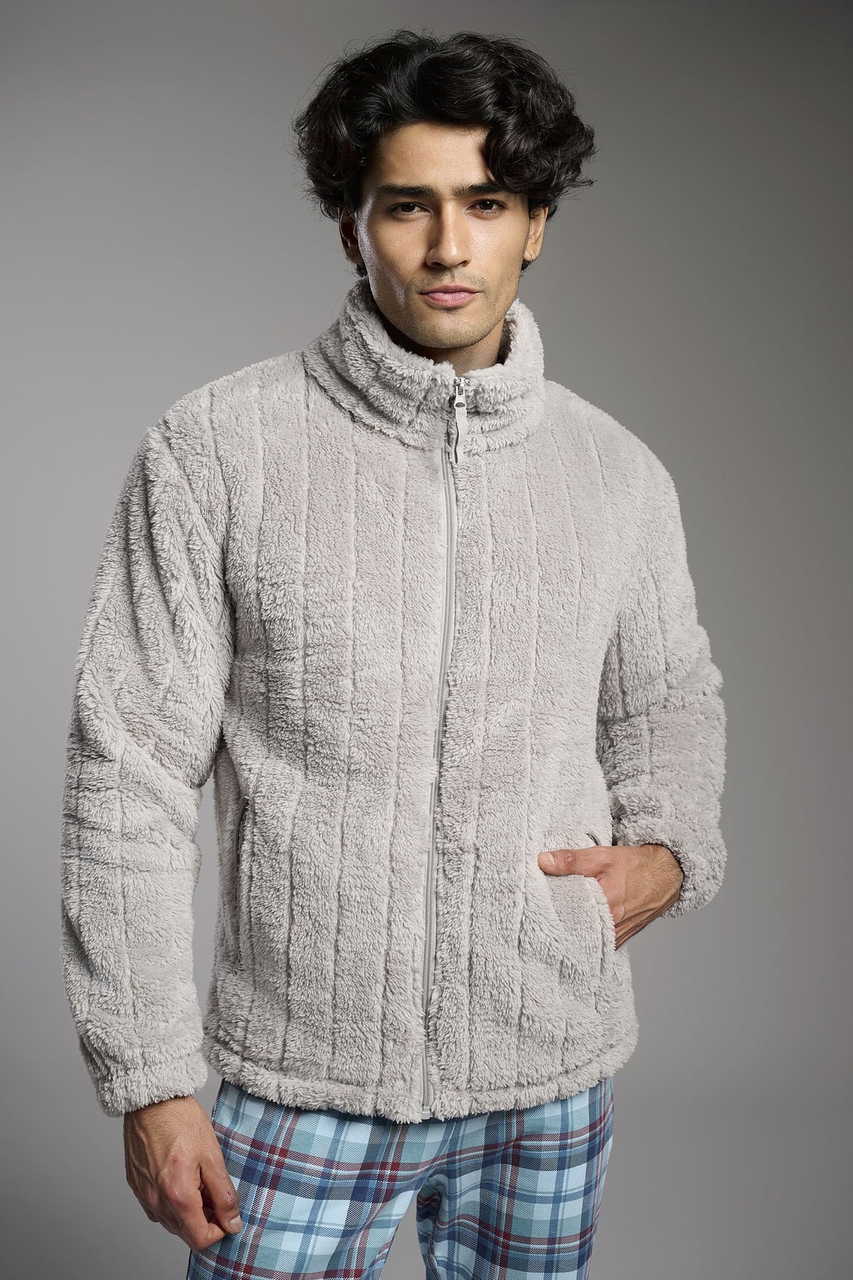 Peignoir court homme polaire sherpa jacquard gris