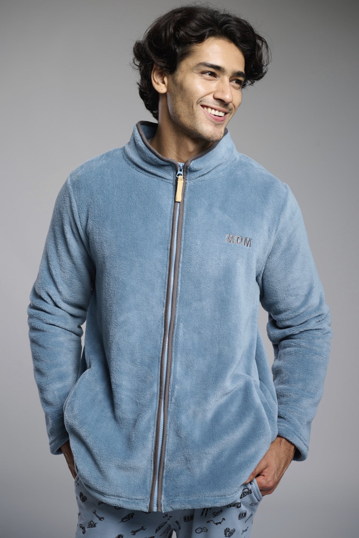 Peignoir court homme polaire corail bleu avec zip