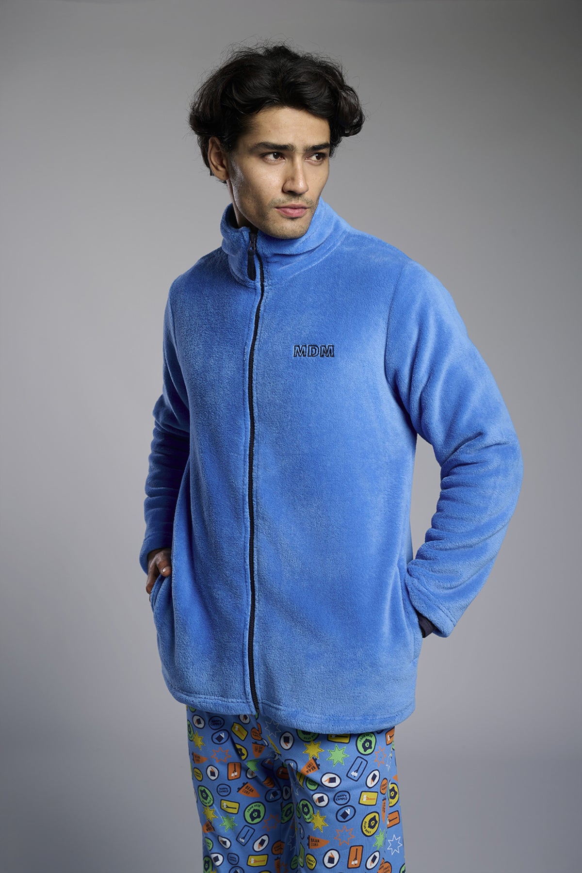 Peignoir court homme polaire corail bleu détail brodé