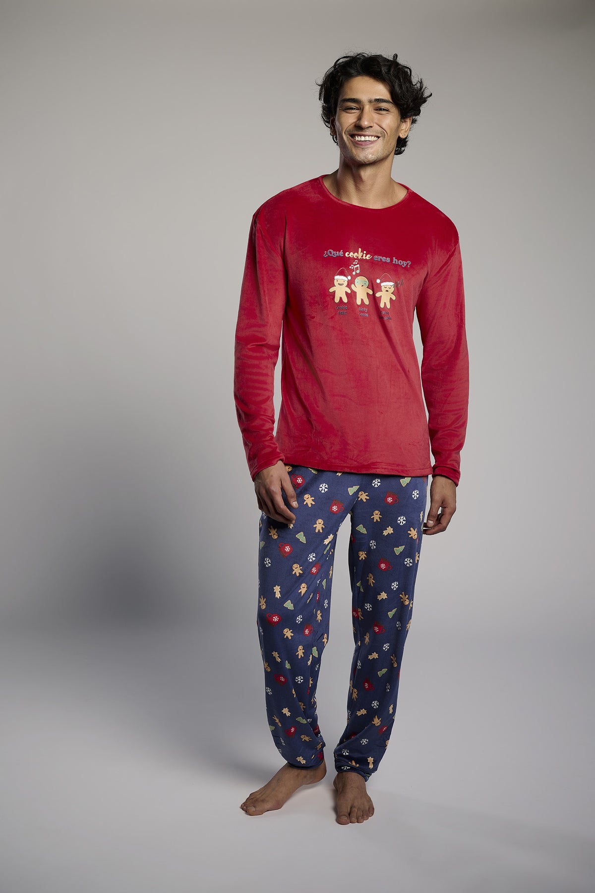 Pyjama long homme velours Noël imprimé pain d'épices
