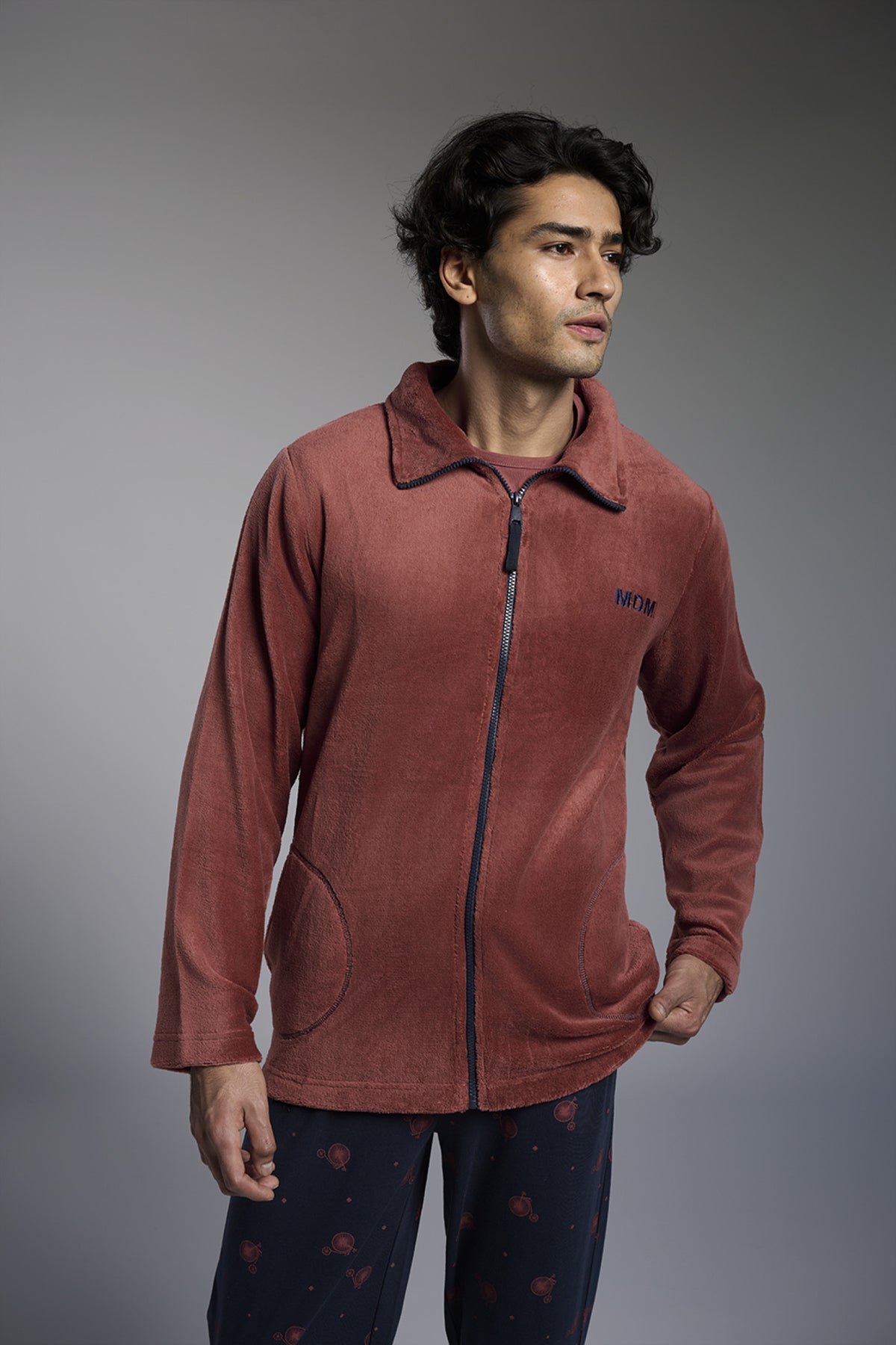 Peignoir court homme polaire corail rouge brique zip contrasté