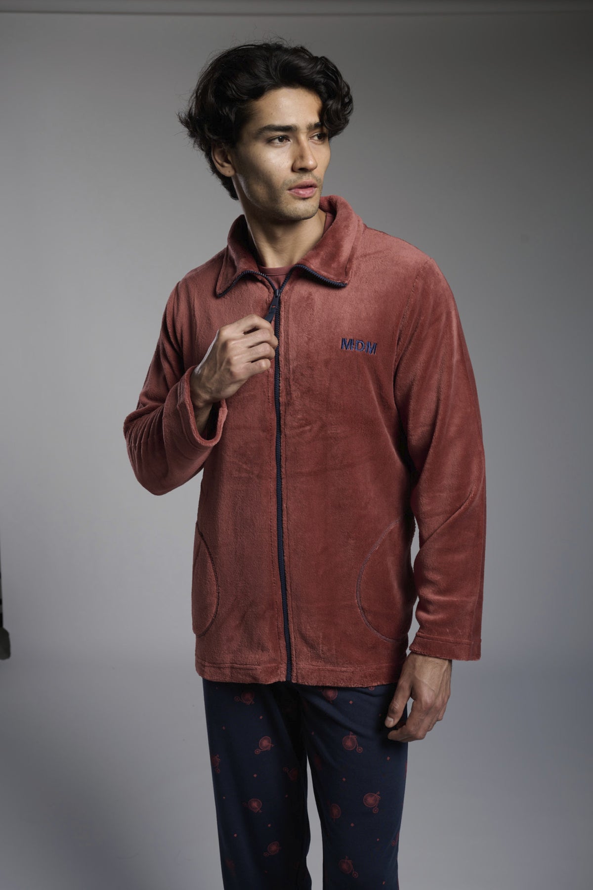Peignoir court homme polaire corail rouge brique zip contrasté