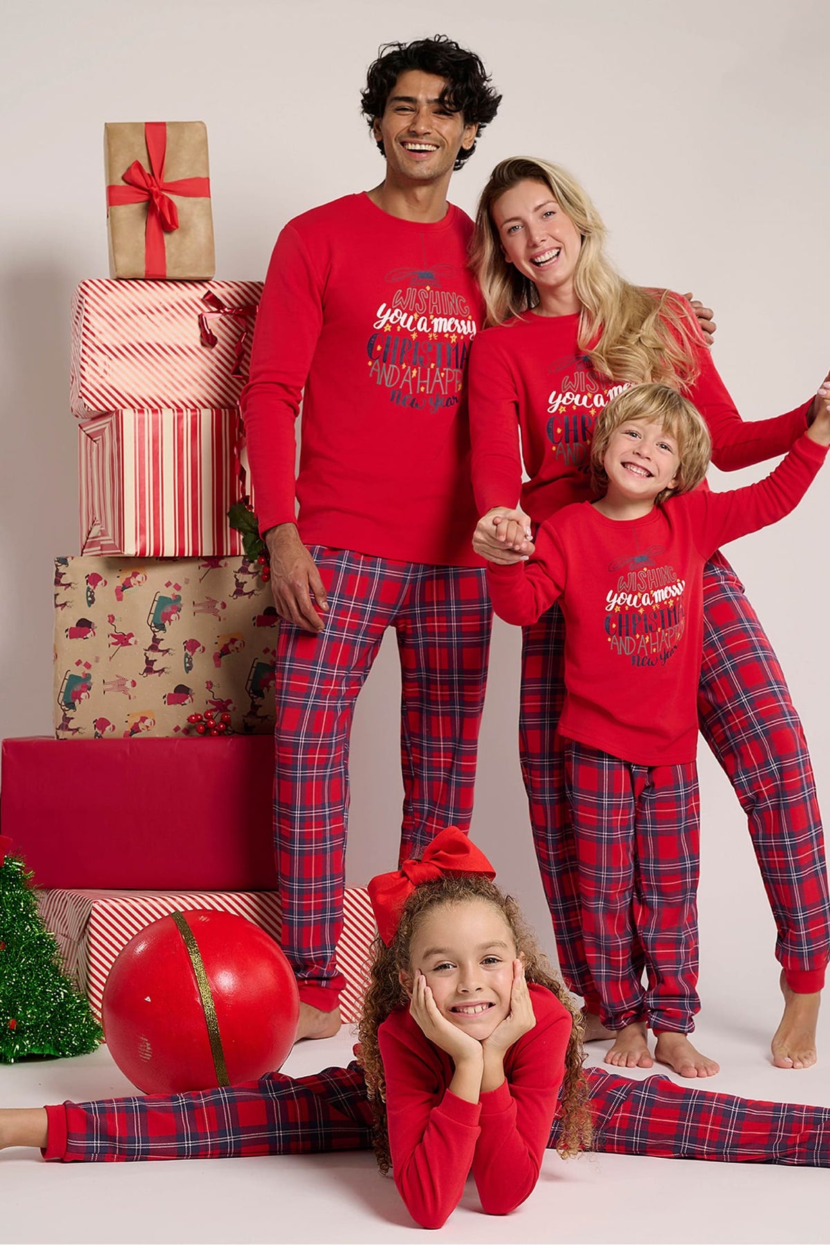 Pyjama long enfant unisexe molletonné Noël à carreaux