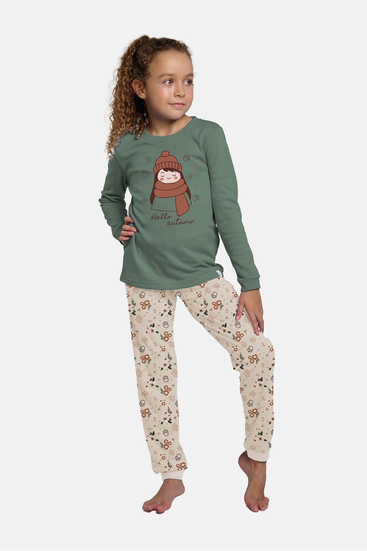 Pyjama long fille molletonné Hello Autumn imprimé automnal