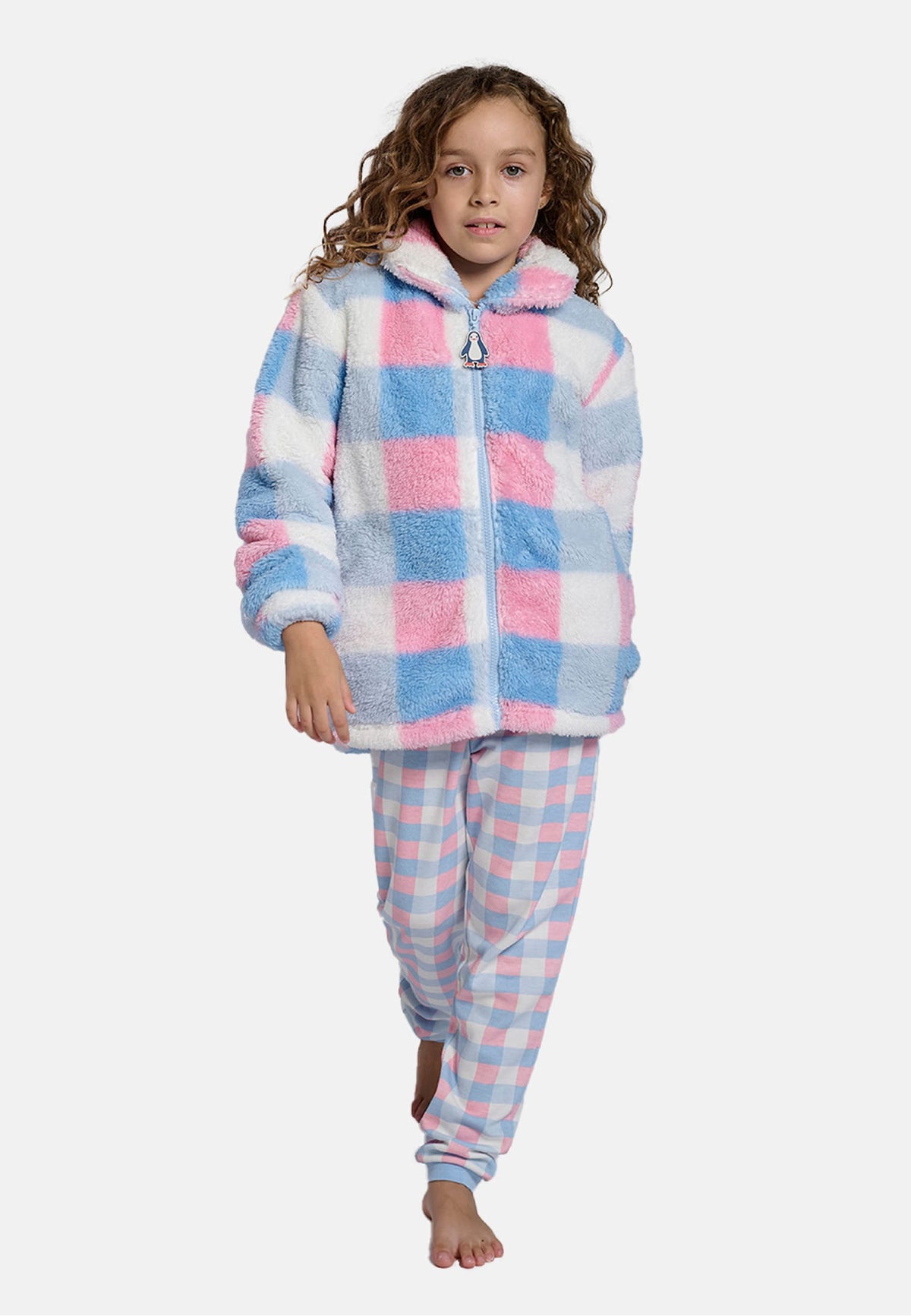 Peignoir fille polaire sherpa à carreaux fermeture zippée