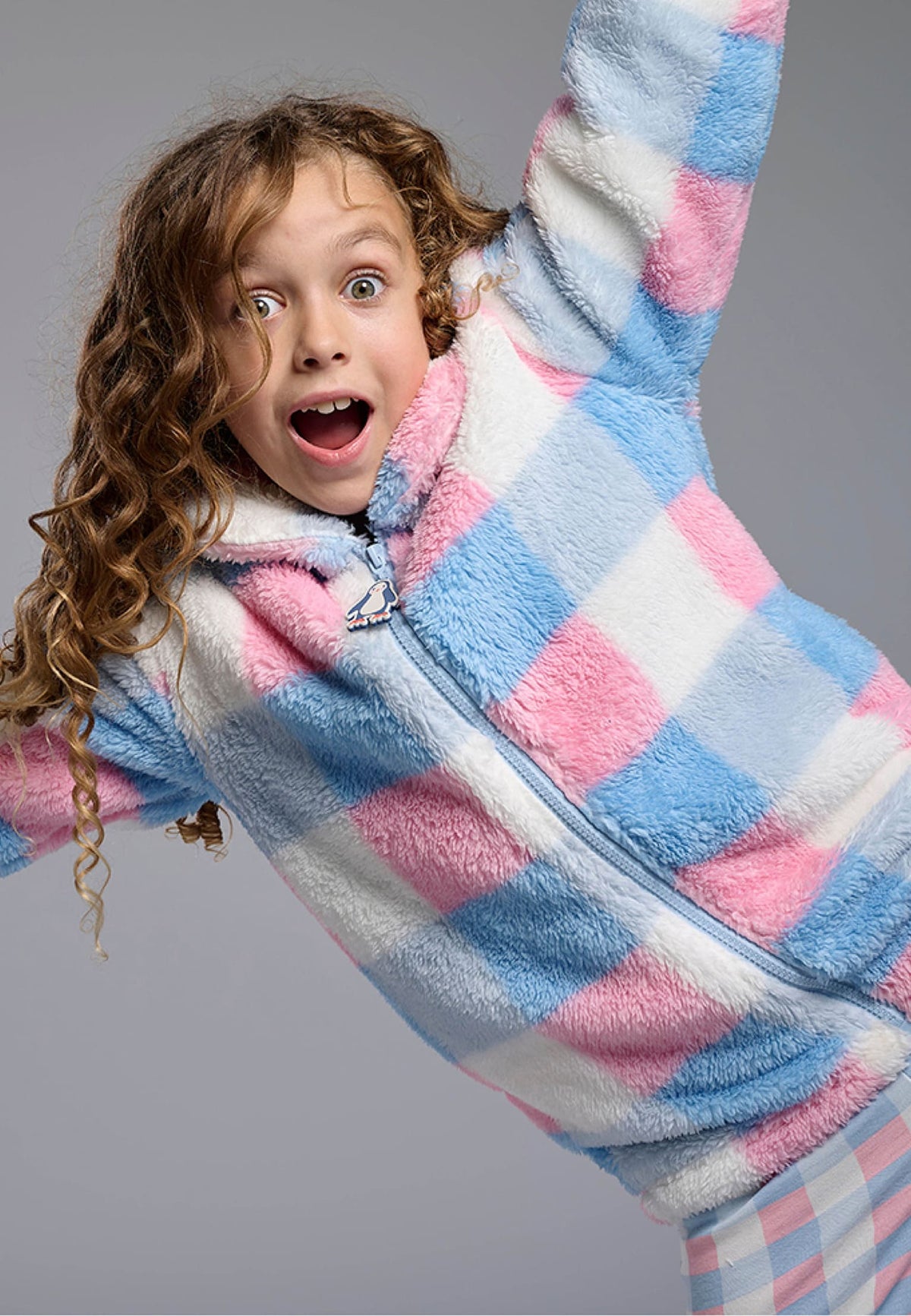 Peignoir fille polaire sherpa à carreaux fermeture zippée