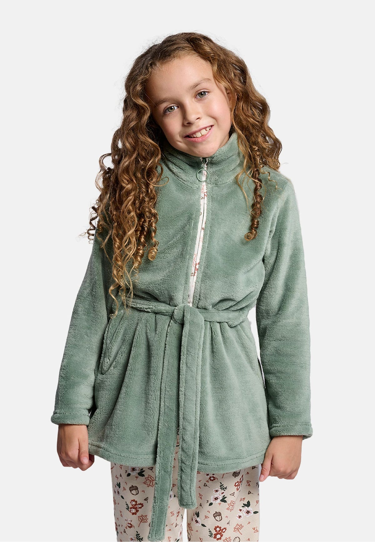 Peignoir fille polaire corail vert fermeture ceinture