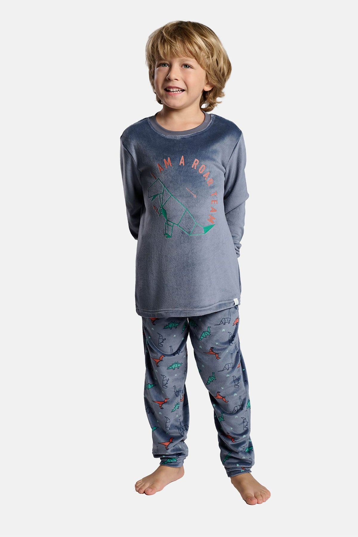 Pyjama long garçon velours imprimé dinosaures I am a roar team