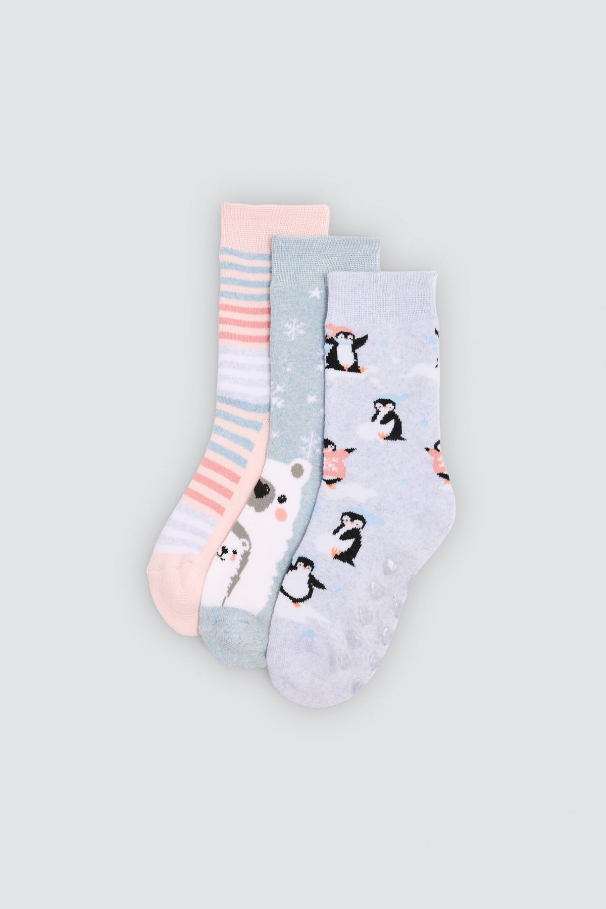 Lot de 3 chaussettes thermiques antidérapantes fille imprimé ours et pingouins