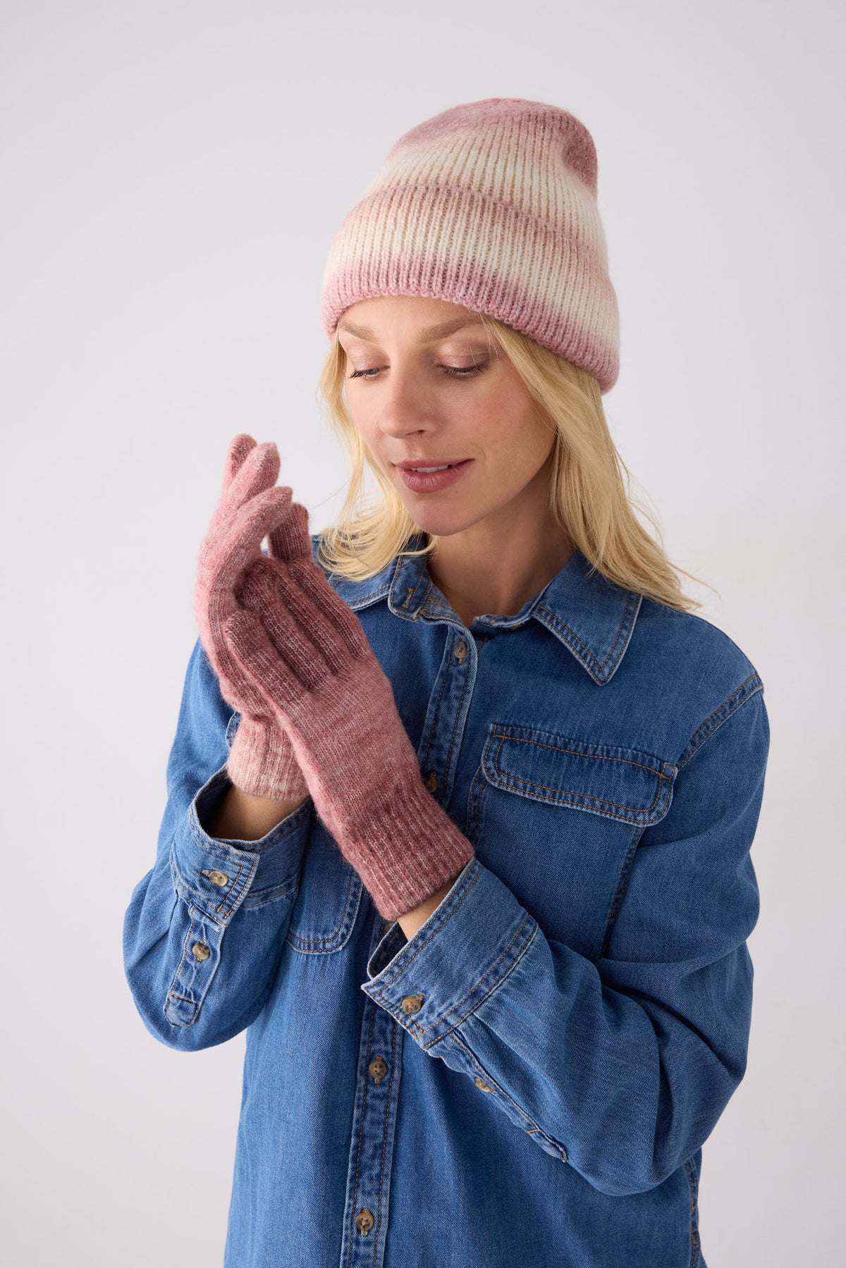 Ensemble bonnet et gants en maille dégradée pour femme