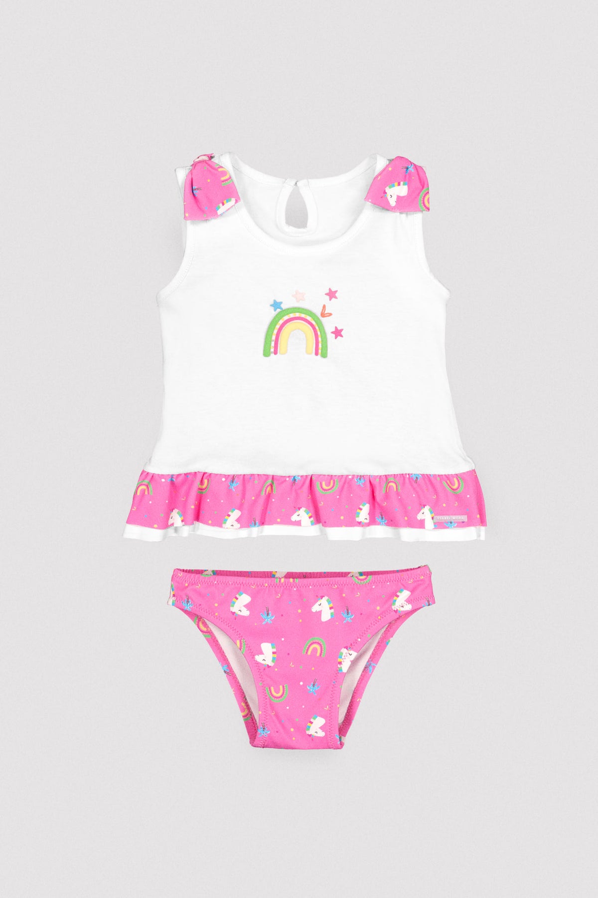 Conjunto bebé camiseta y braguita baño detalles volantes y lazos estampado unicornios - Ysabel Mora