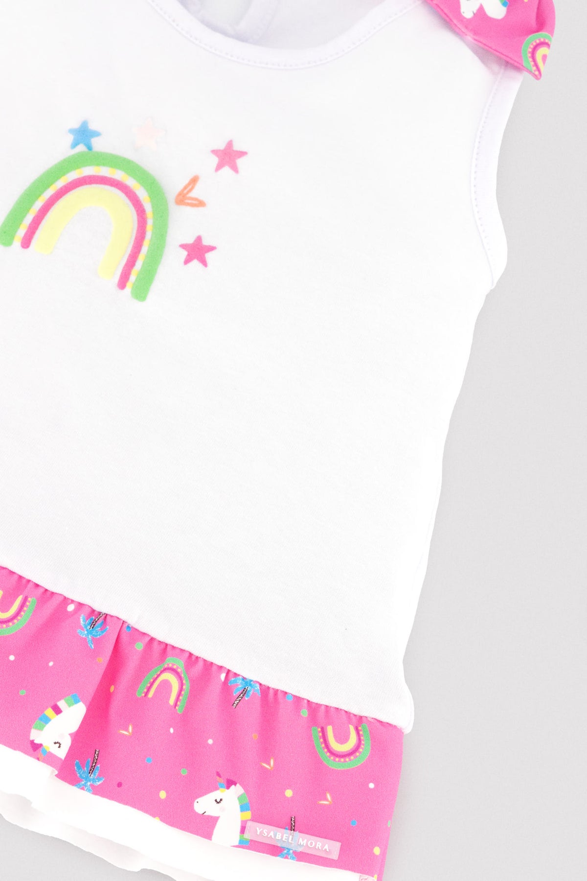 Conjunto bebé camiseta y braguita baño detalles volantes y lazos estampado unicornios - Ysabel Mora