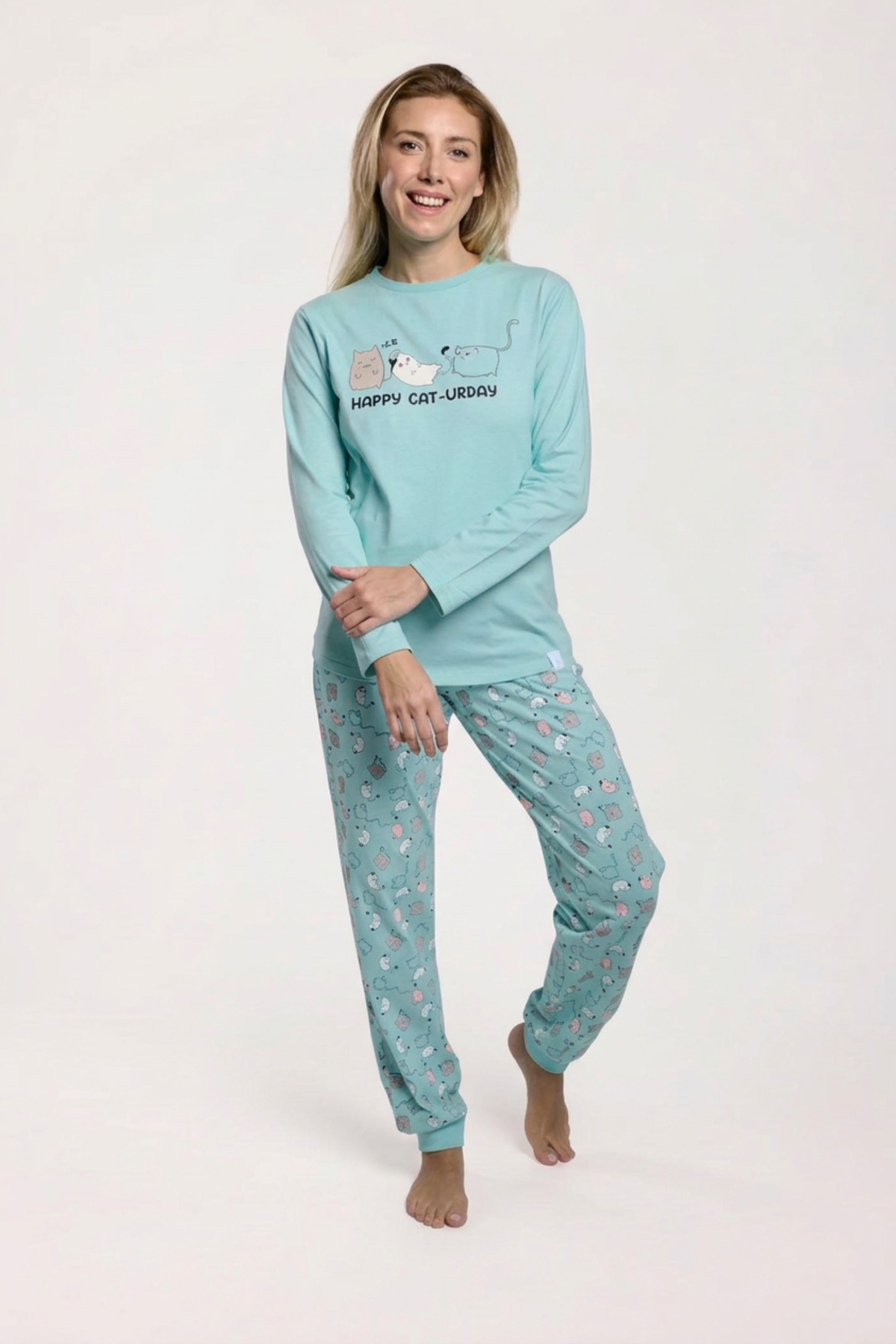 Pyjama long femme coton bleu imprimé chats