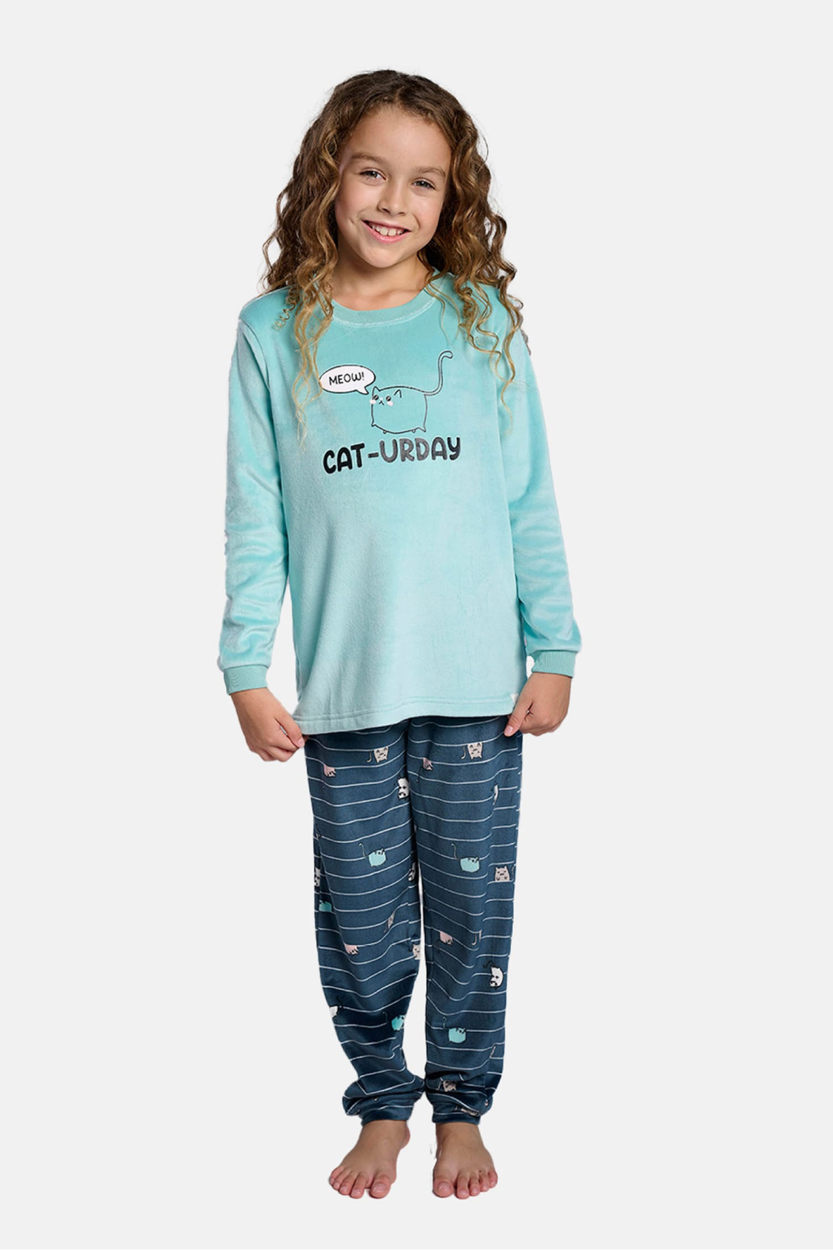 Pyjama long fille velours cat-urday rayé