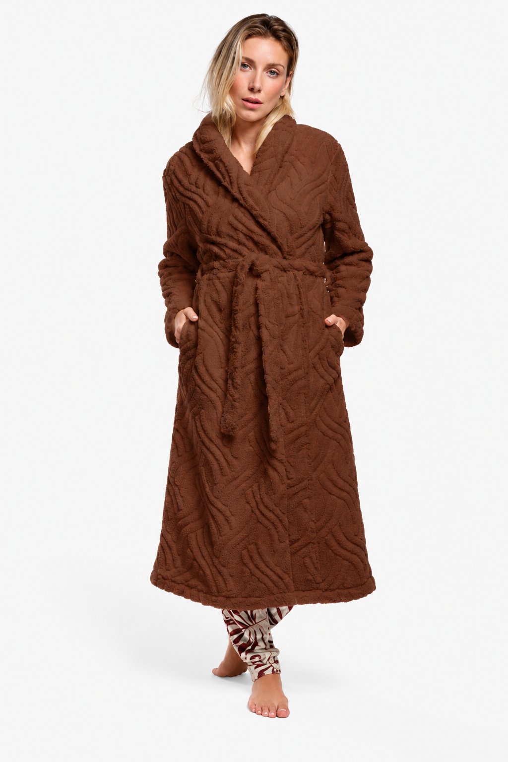 Peignoir long femme polaire sherpa marron
