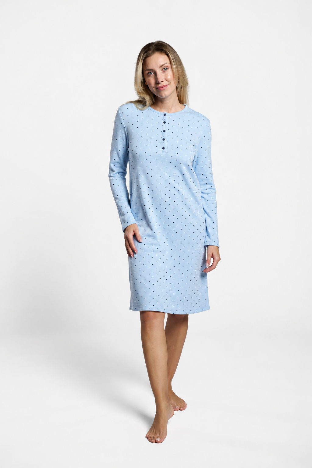 Chemise de nuit femme molletonnée bleue à pois