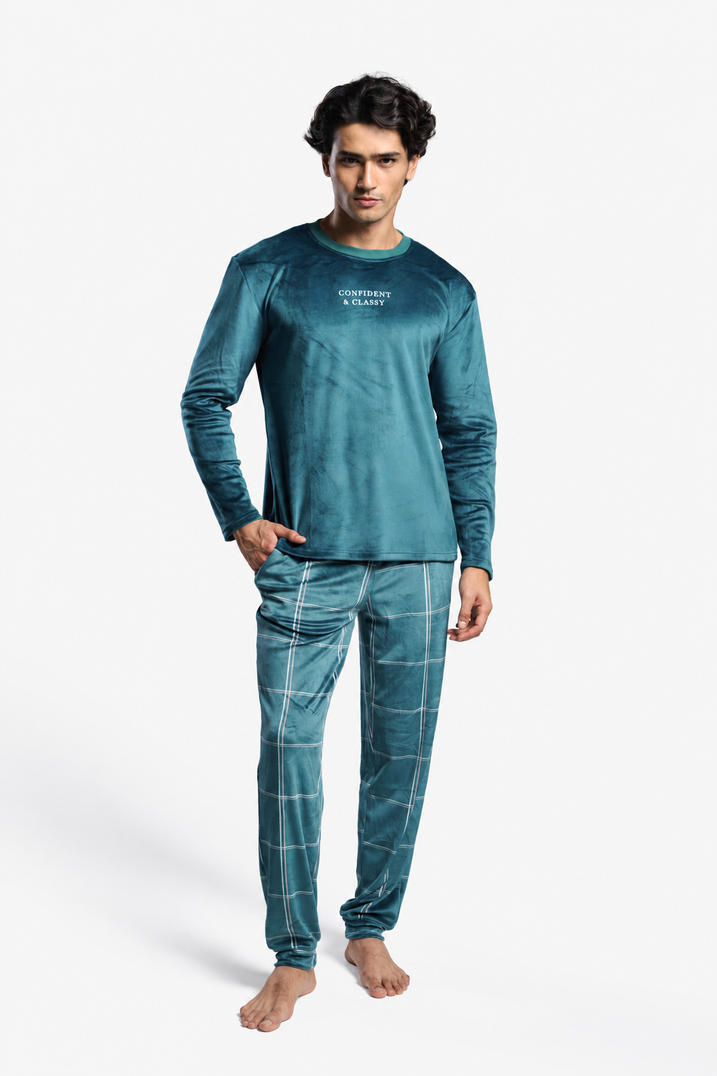 Pyjama long homme velours Confident & Classy à carreaux