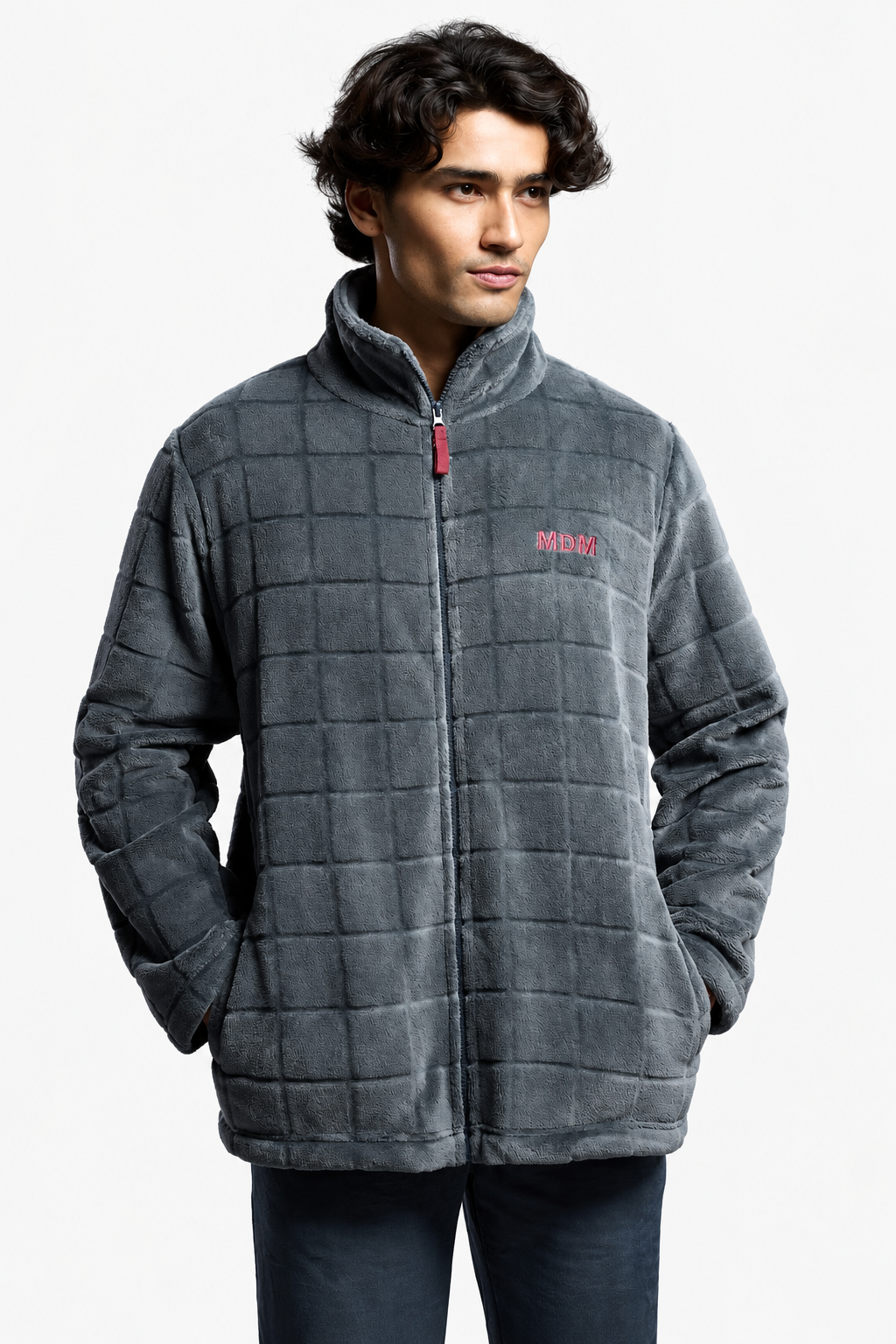 Peignoir court homme polaire corail gris relief carreaux