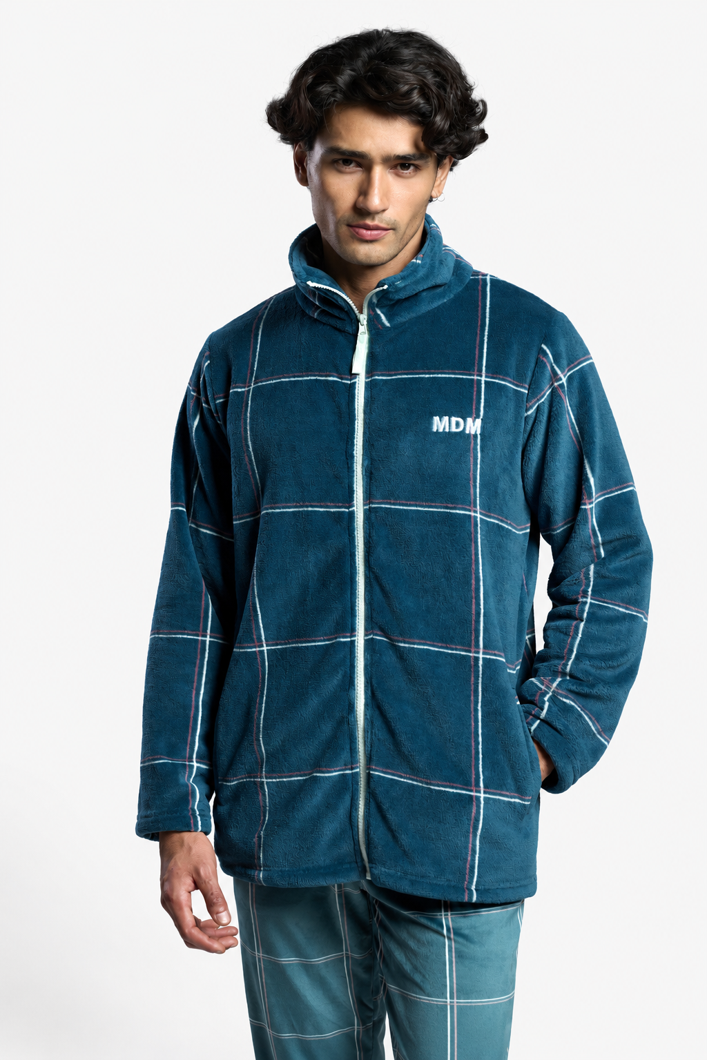 Peignoir court homme polaire corail à carreaux fermeture zippée