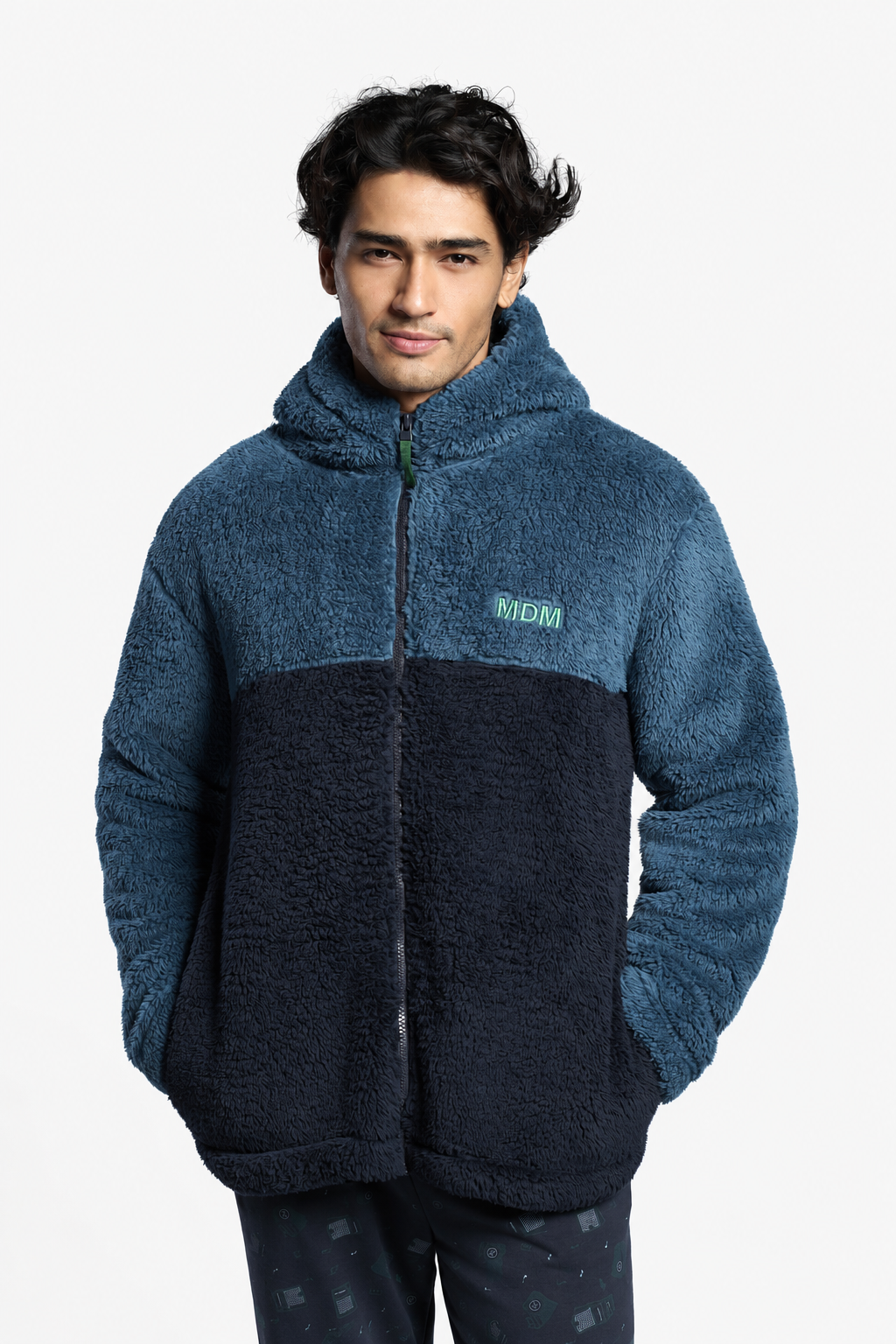 Peignoir court homme polaire sherpa bicolore à capuche fermeture zippée