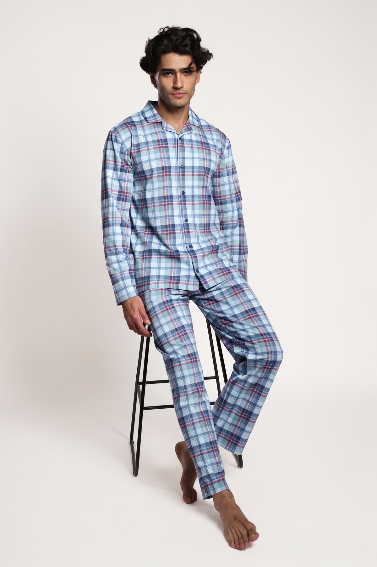 Pyjama chemise long homme coton à carreaux