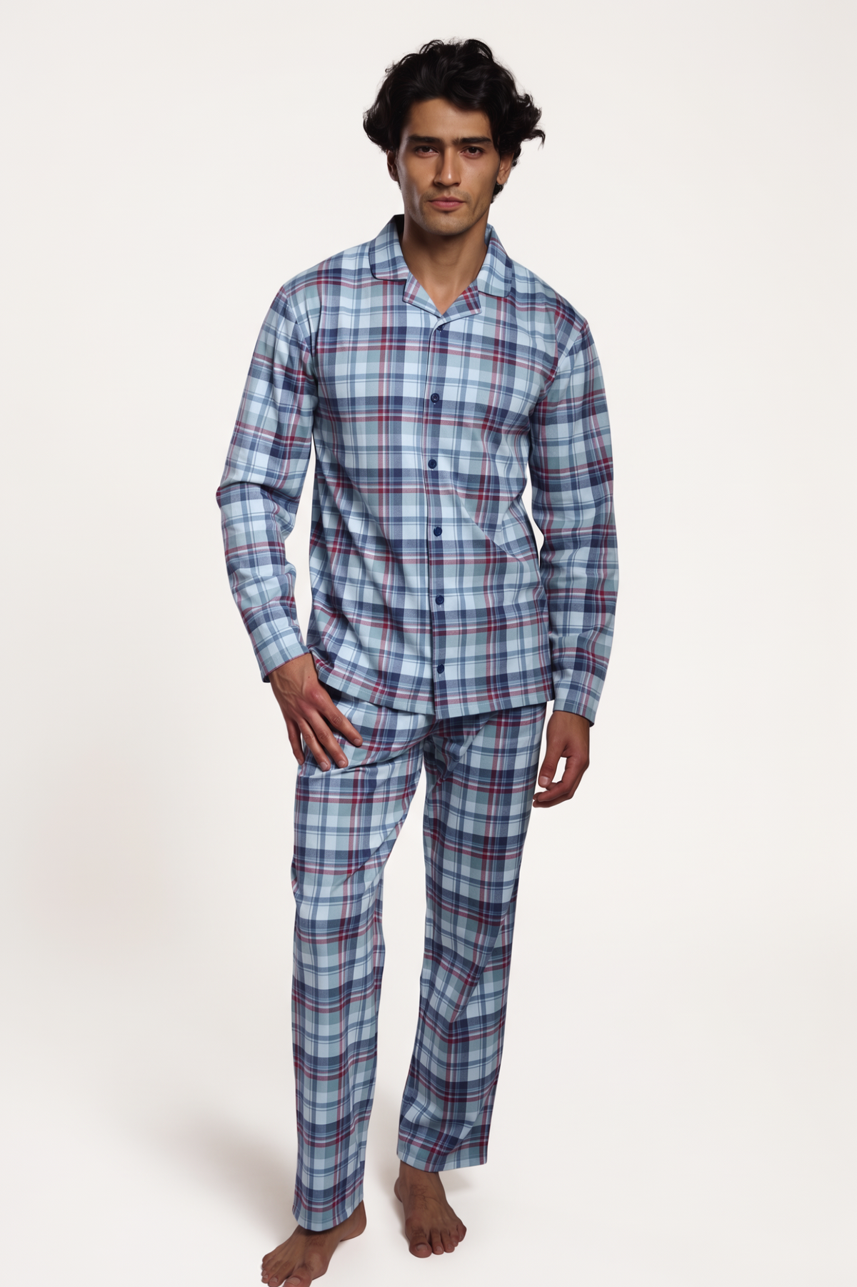 Pyjama chemise long homme coton à carreaux