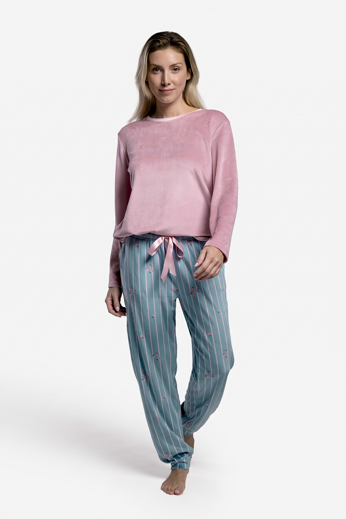 Pyjama long femme velours haut rose et pantalon imprimé