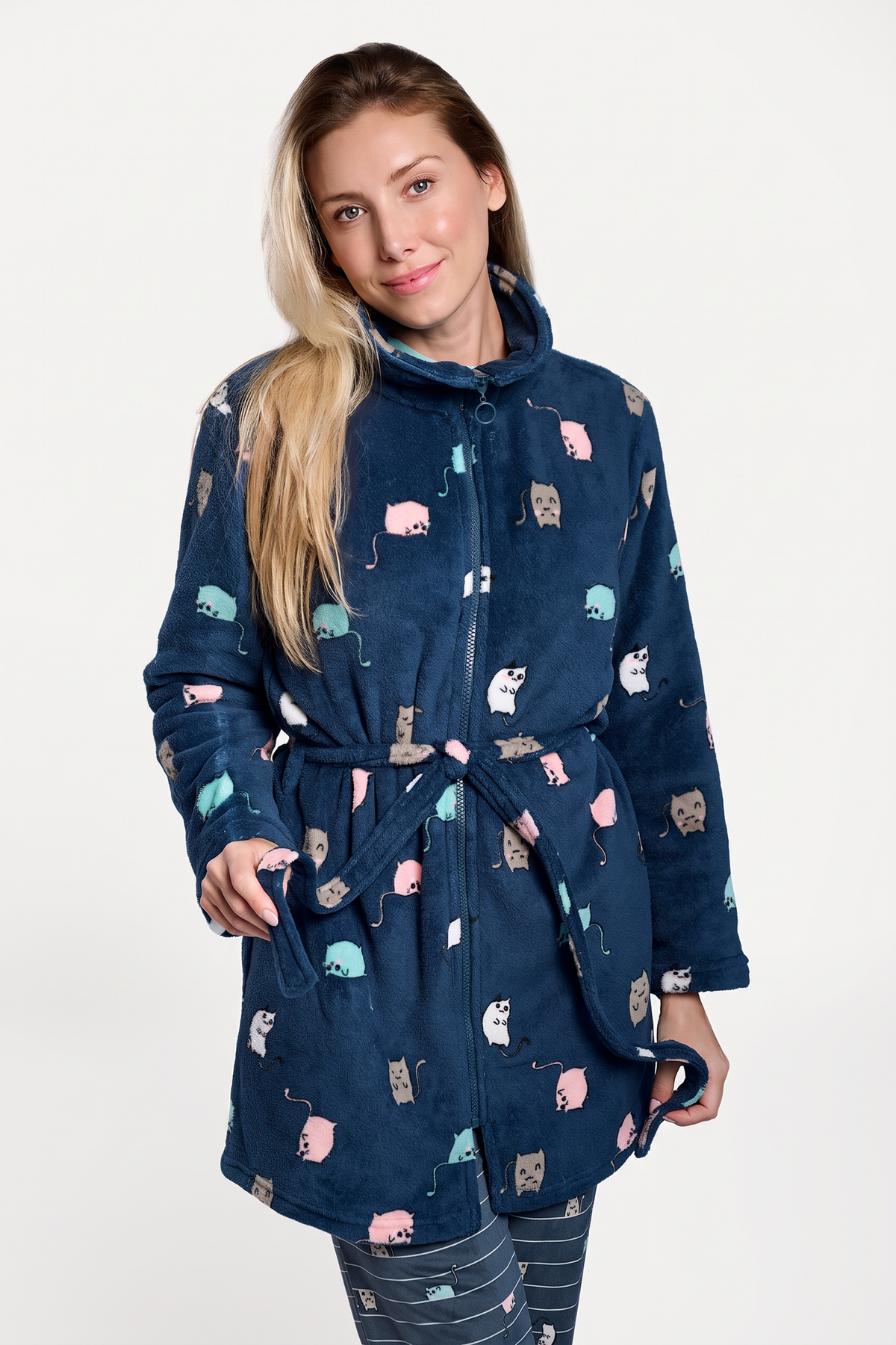 Peignoir court femme polaire corail bleu marine imprimé chats