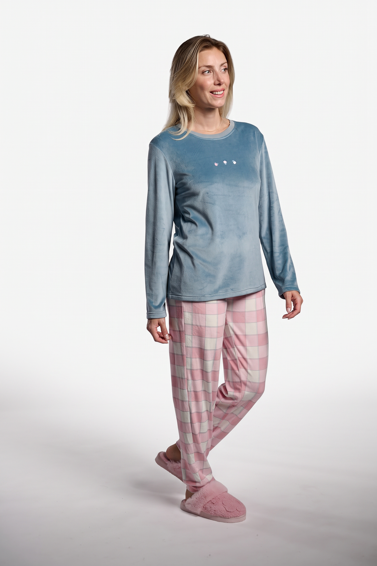 Pyjama long femme velours avec pantalon à carreaux