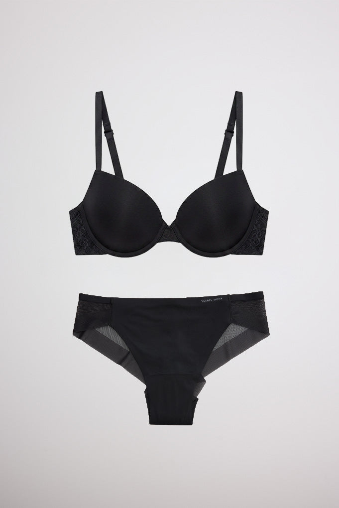 Conjunto lencero sujetador push-up y braga brasileña nomarks negros - Ysabel Mora