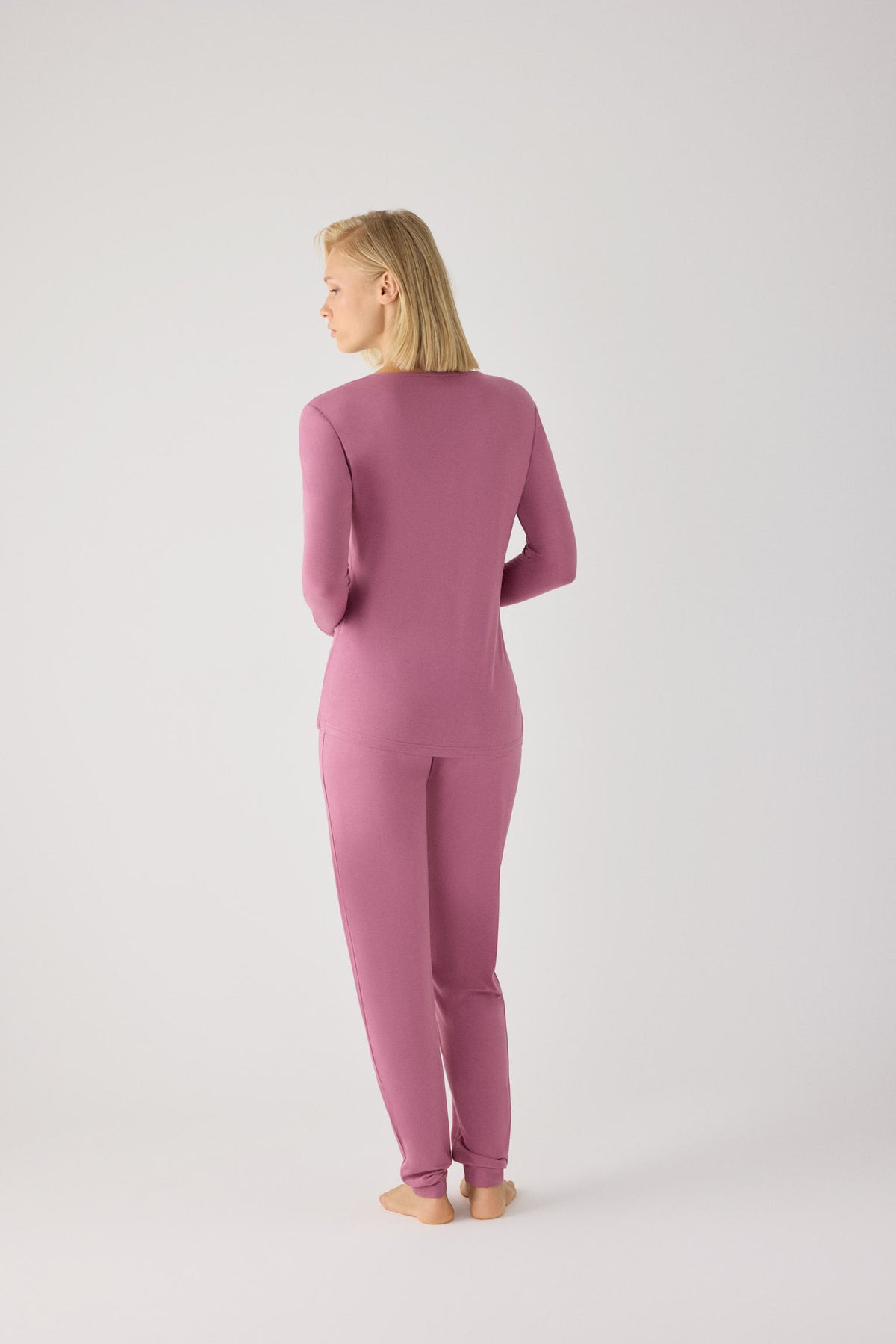 Pyjama long femme léger et doux avec pantalon jogger rose