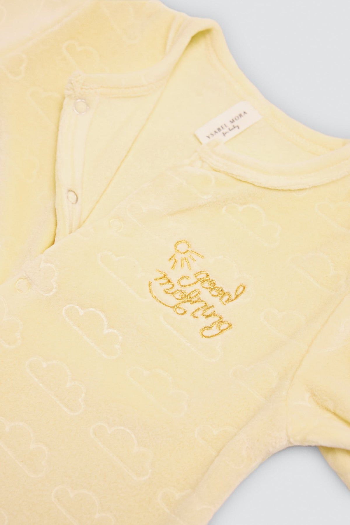 Pelele bebé terciopelo estampado nubes Good morning - Ysabel Mora