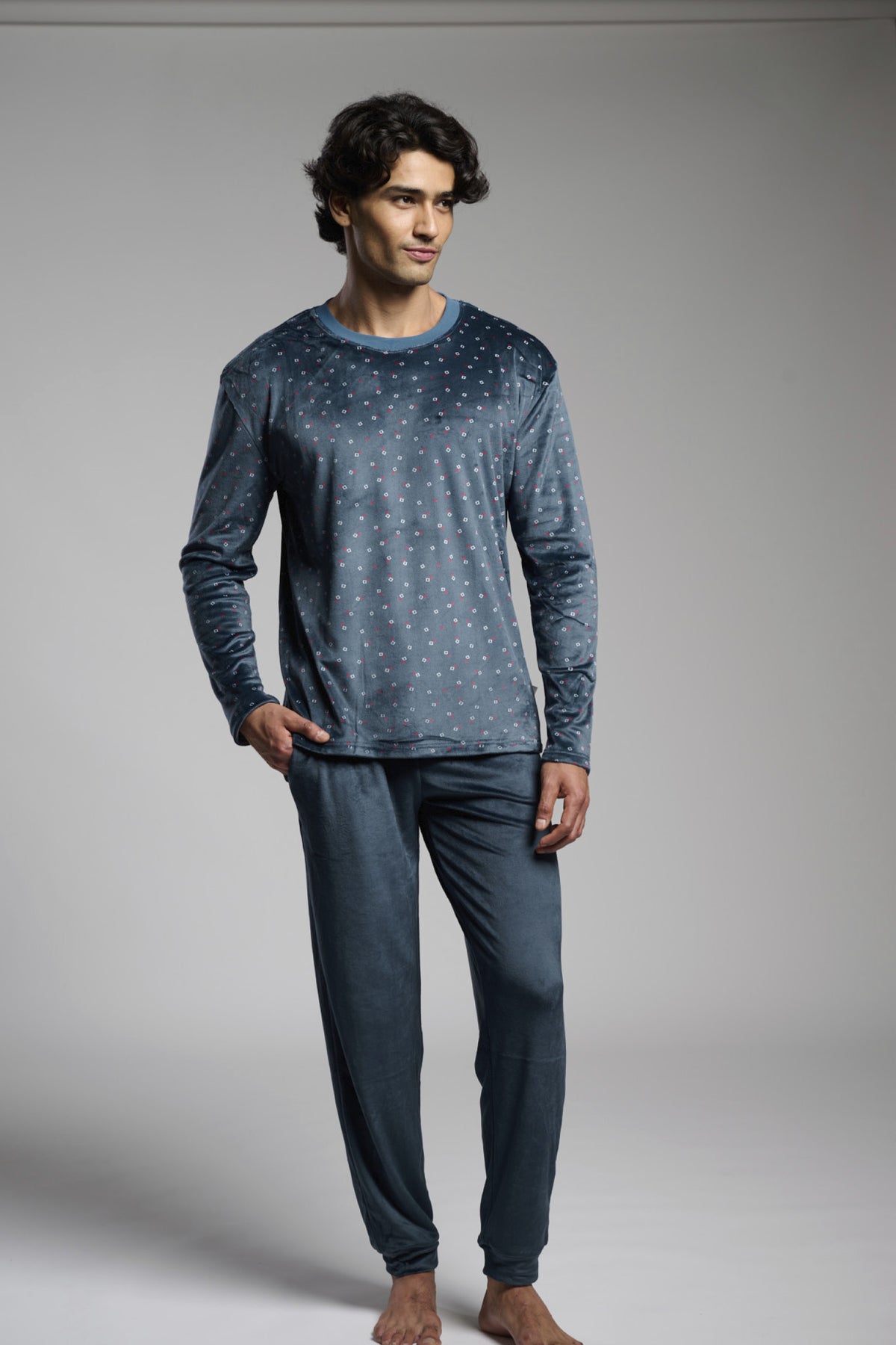 Pyjama long homme velours imprimé carrés