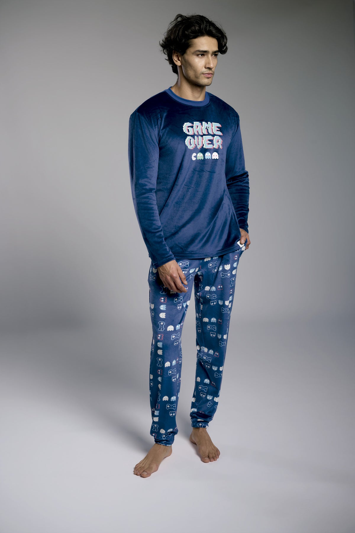 Pyjama long homme velours imprimé Game Over