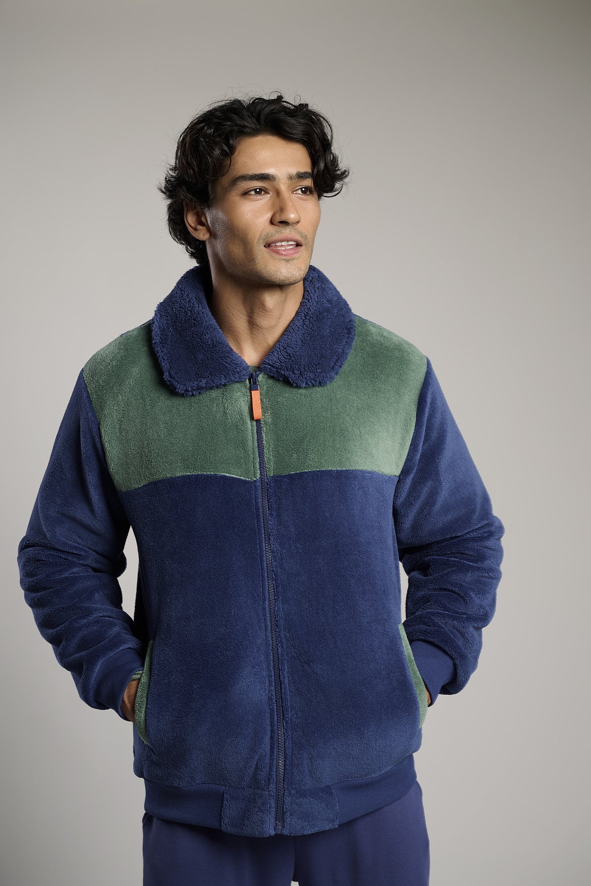 Peignoir court homme polaire sherpa et corail bicolore fermeture zippée