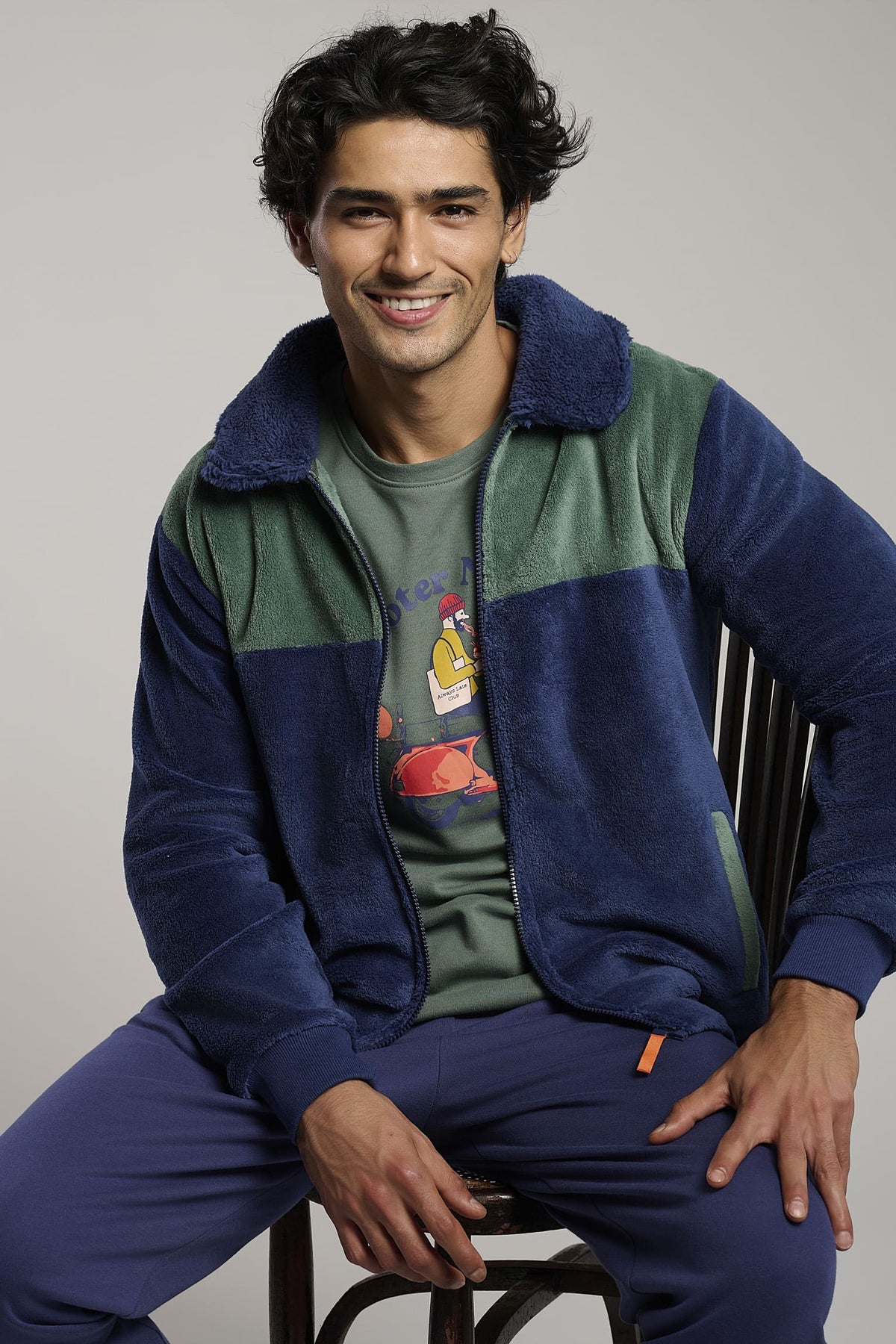 Peignoir court homme polaire sherpa et corail bicolore fermeture zippée