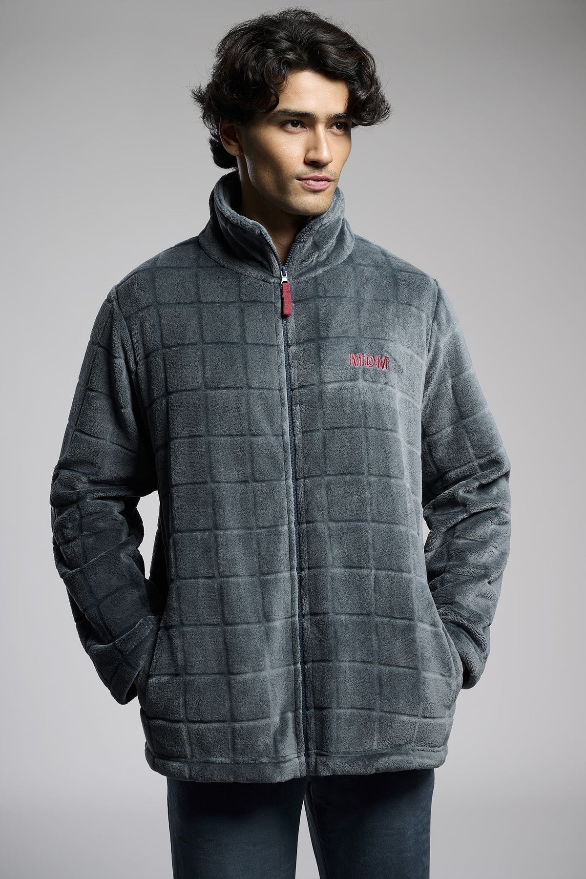 Peignoir court homme polaire corail gris relief carreaux