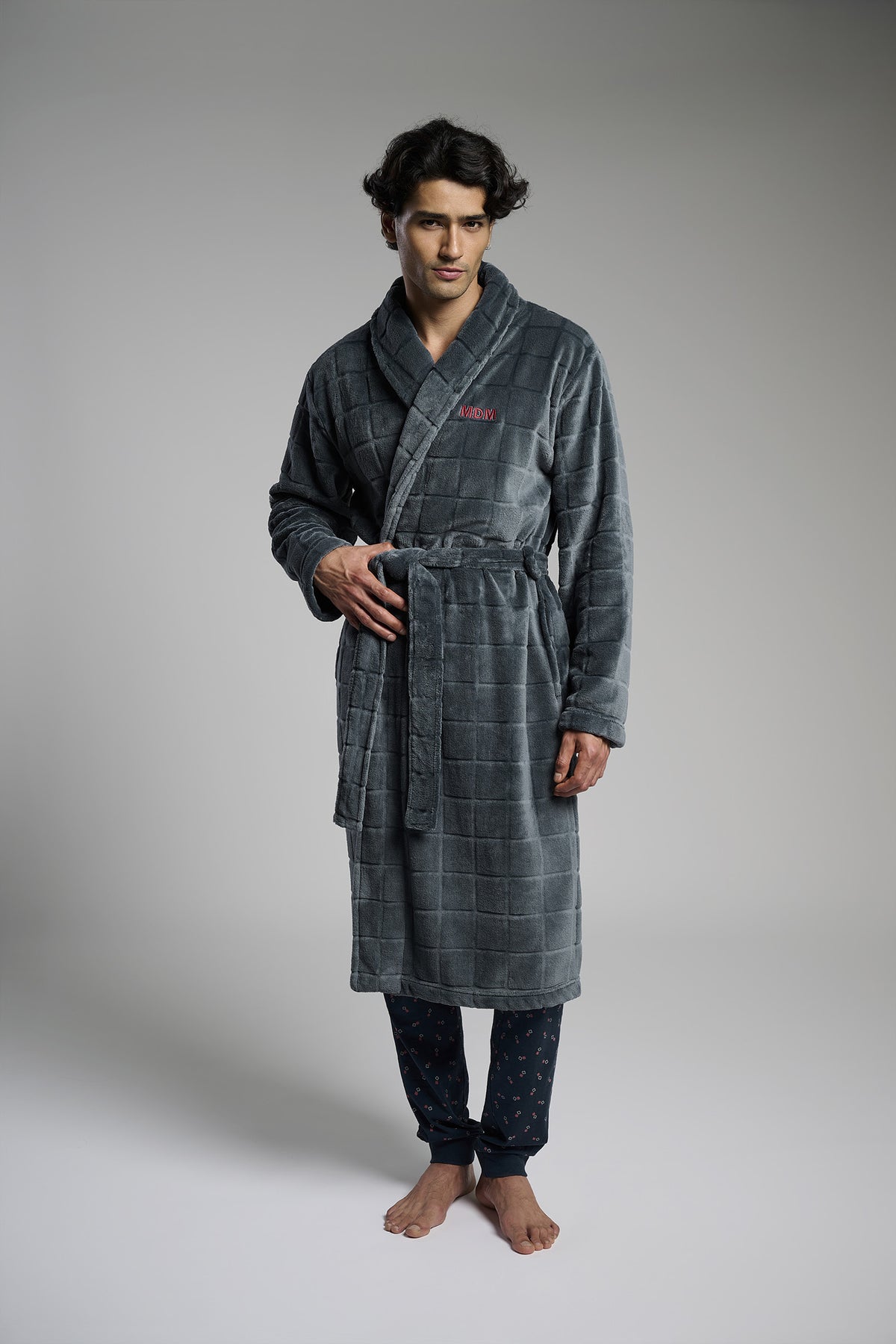 Peignoir long homme polaire corail gris relief carreaux