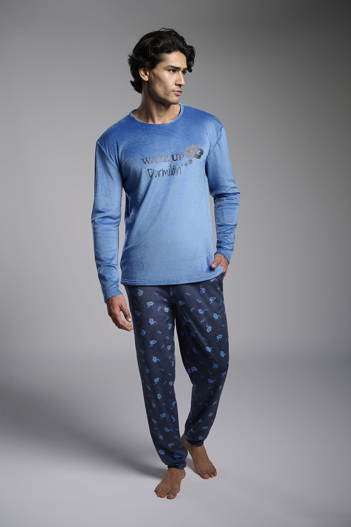 Pyjama long homme velours imprimé Wake Up dormeur