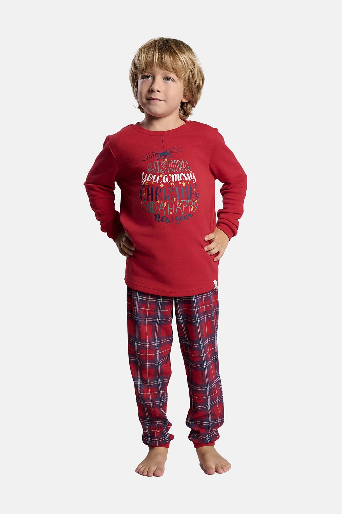 Pyjama long enfant unisexe molletonné Noël à carreaux
