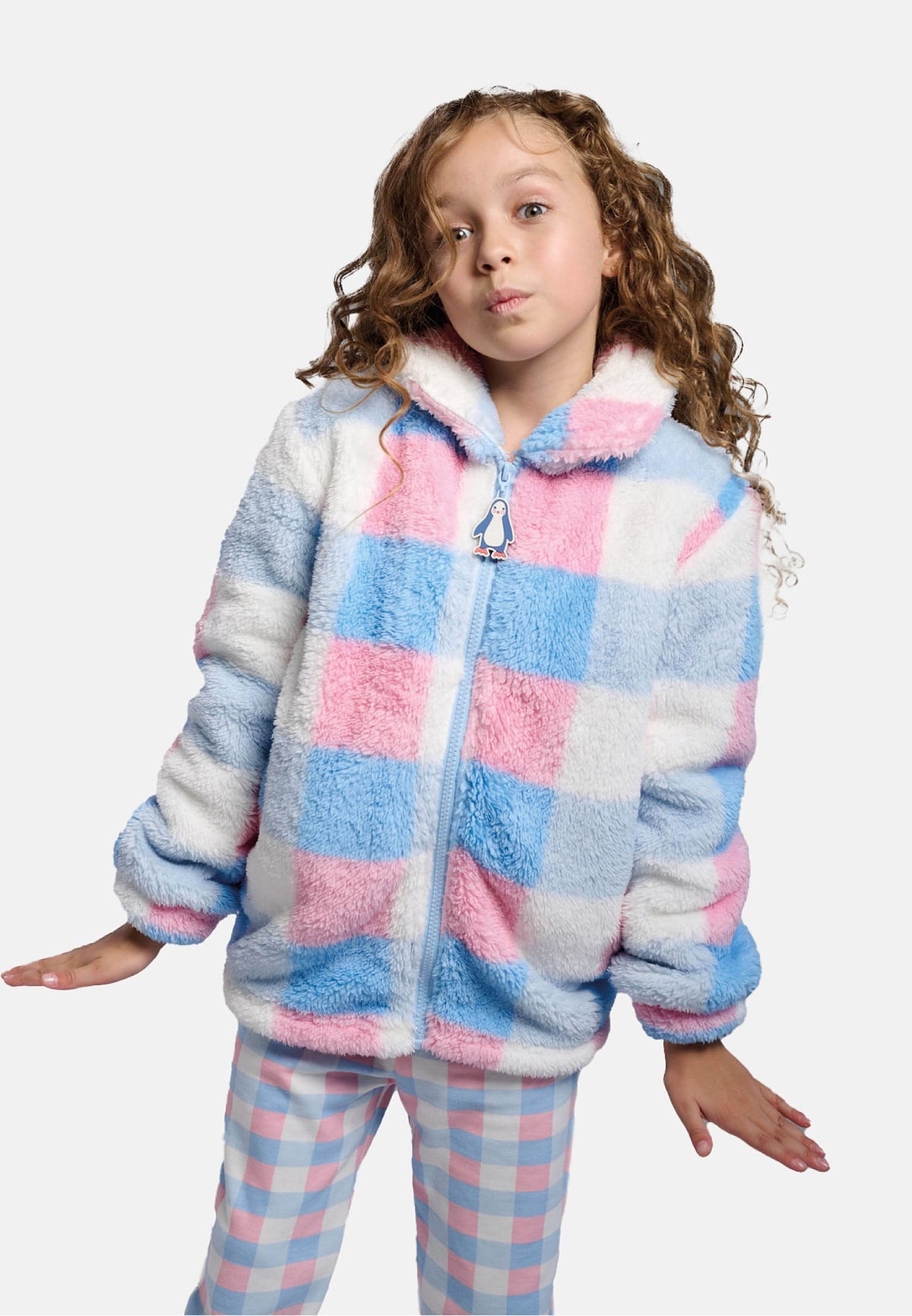 Peignoir fille polaire sherpa à carreaux fermeture zippée