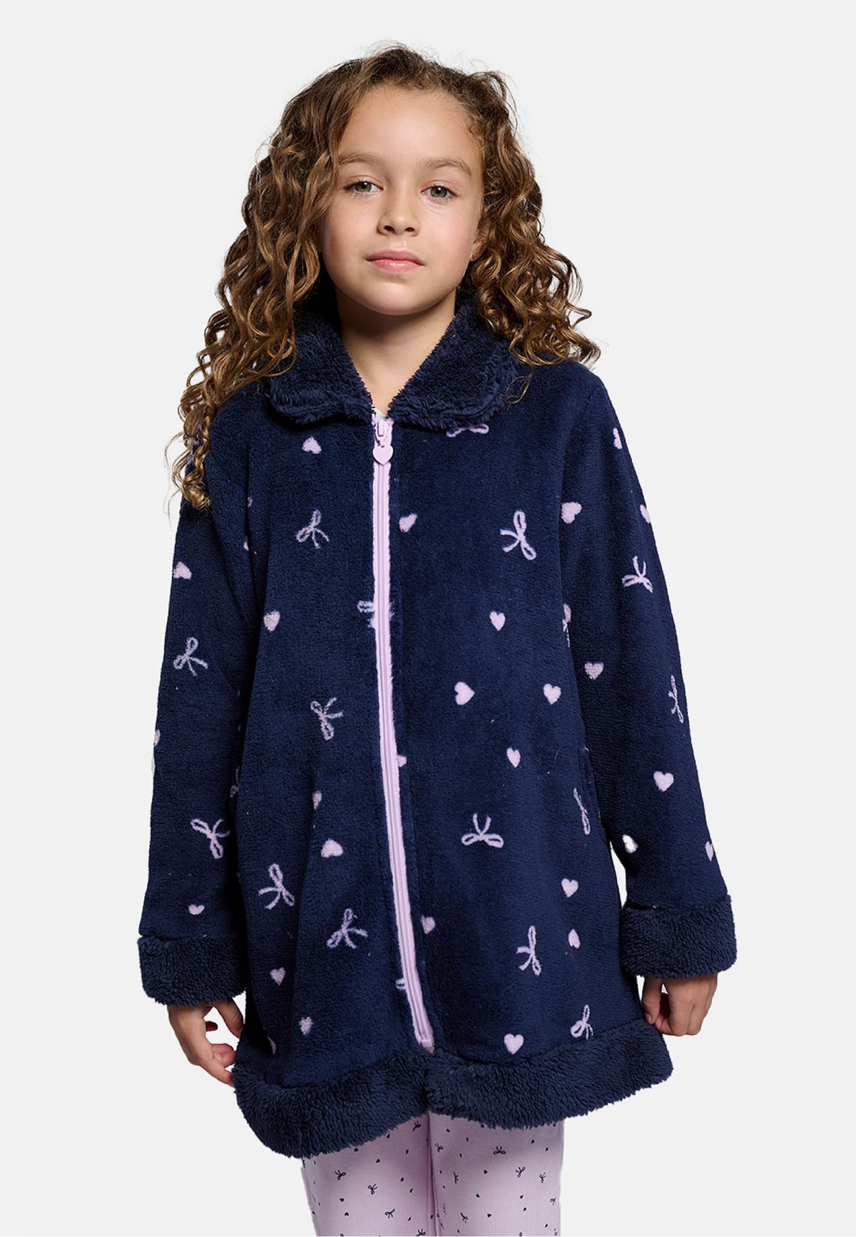 Peignoir fille polaire sherpa imprimé nœuds et cœurs fermeture zippée