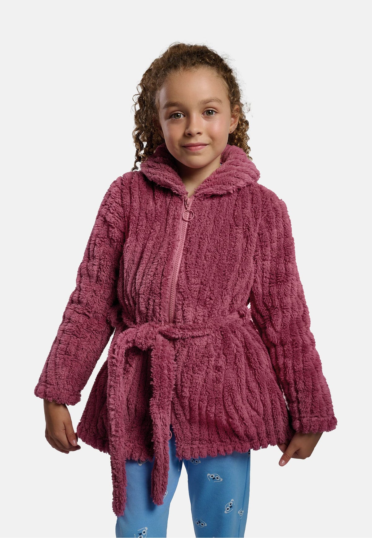Peignoir fille polaire corail rose texturé avec col