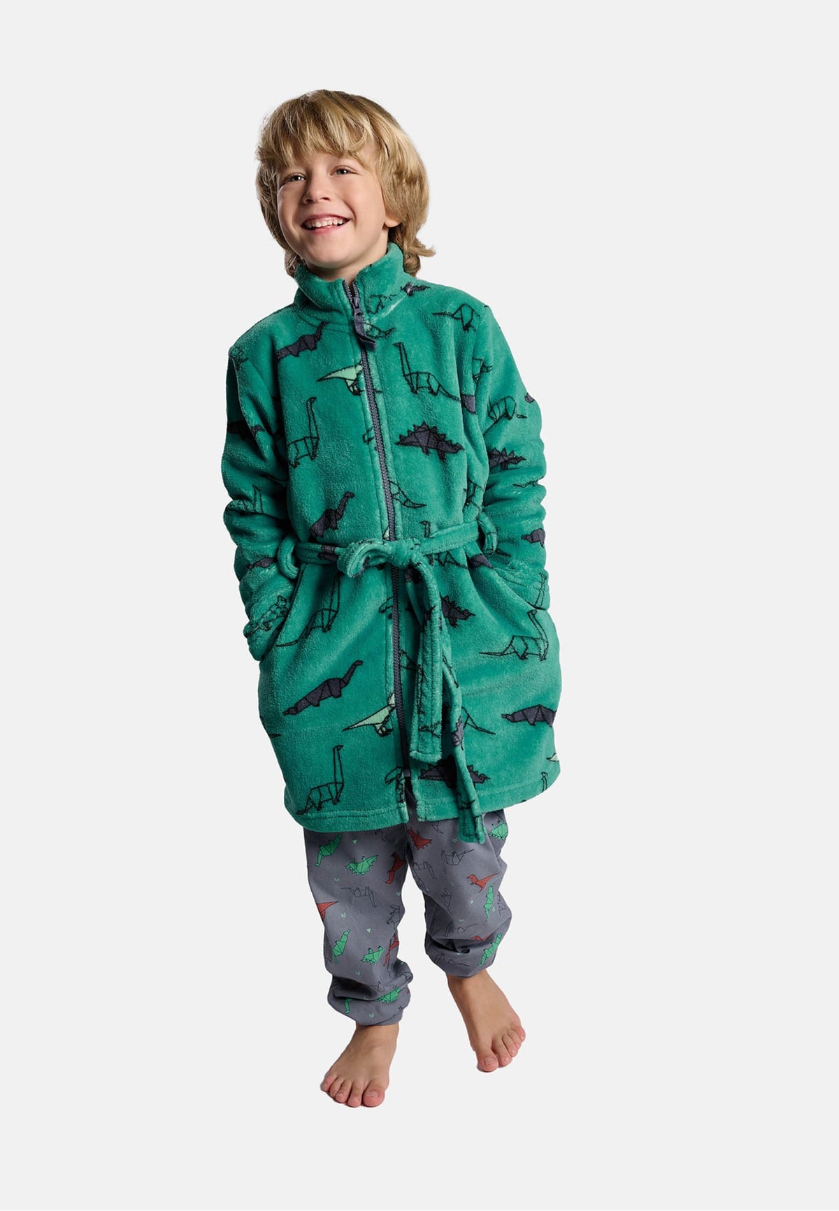 Peignoir garçon polaire corail imprimé dinosaures fermeture zippée