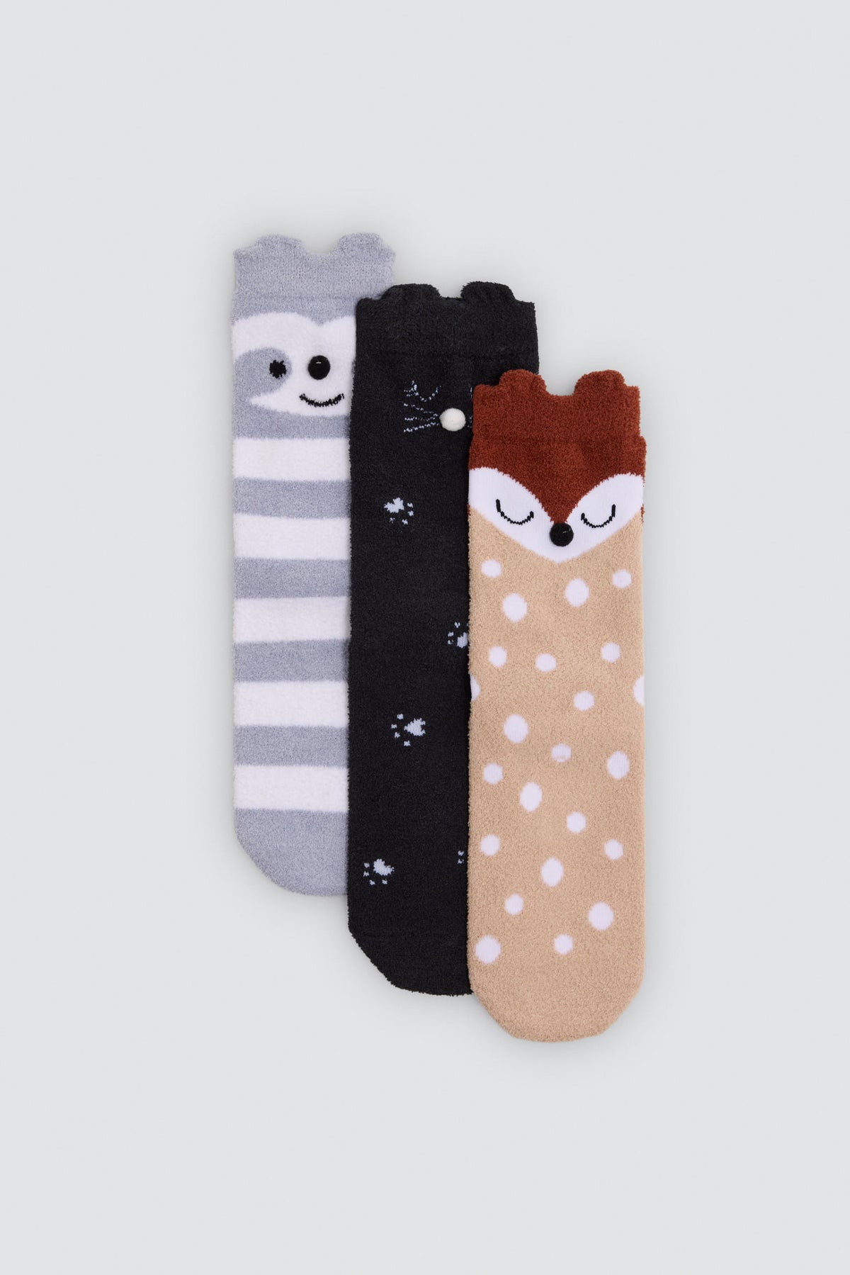 Lot de 3 chaussettes thermiques antidérapantes fille détails 3D visages animaux