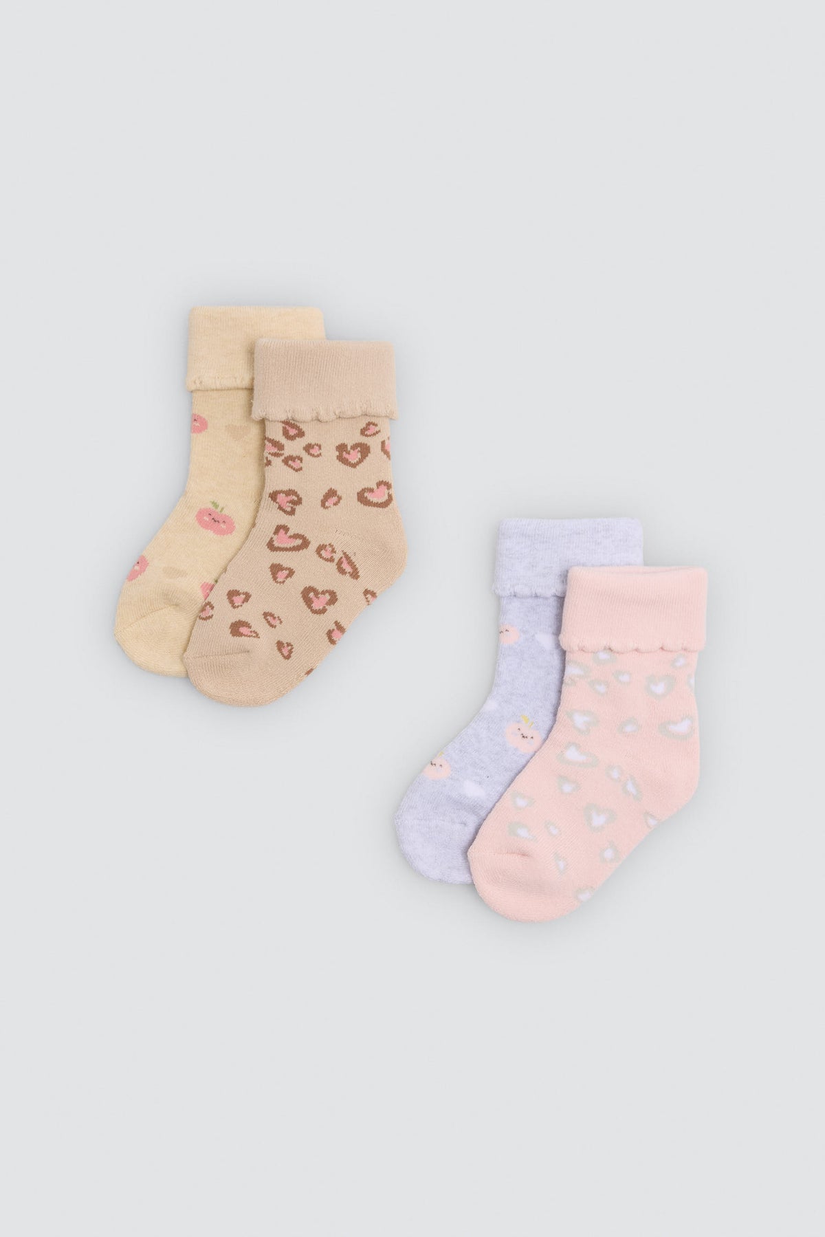 Lot de 4 chaussettes thermiques bébé bord replié imprimé fruits et cœurs