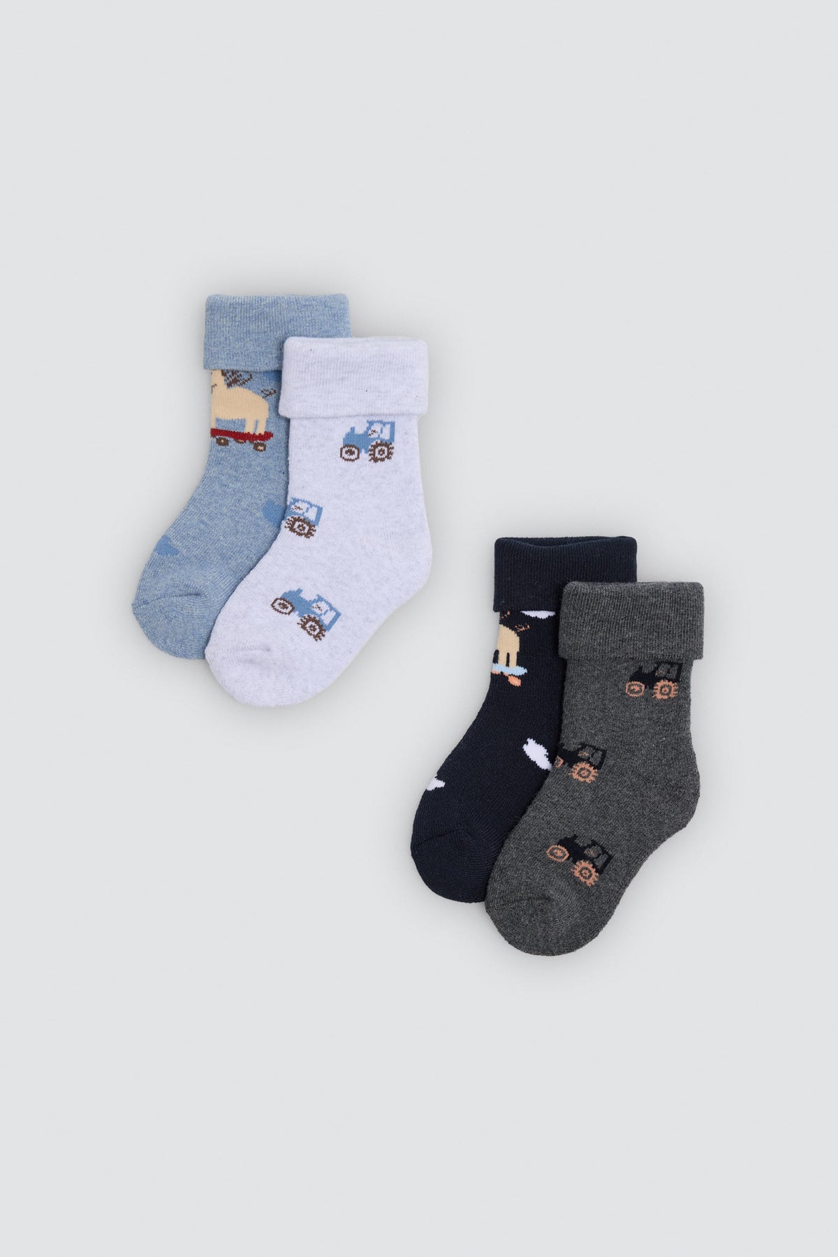 Lot de 4 chaussettes thermiques bébé imprimé tracteurs et cochons